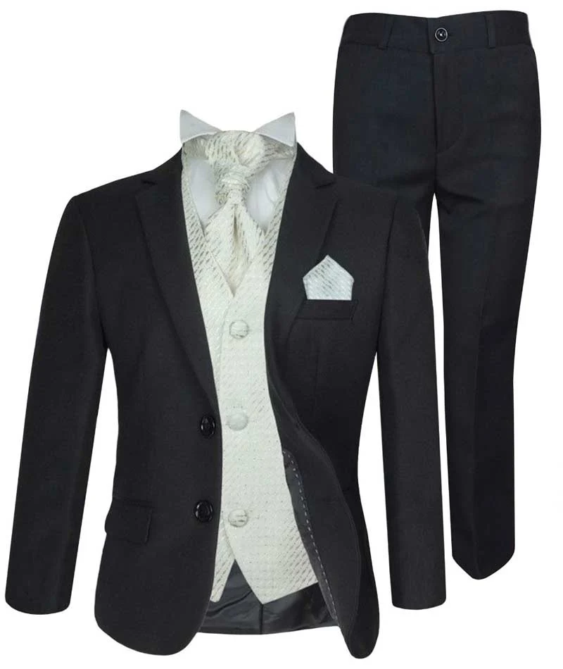 Boys Formal Suit with Patterned Waistcoat and Cravat Set - Antonio - Black - Ivory - Image 2