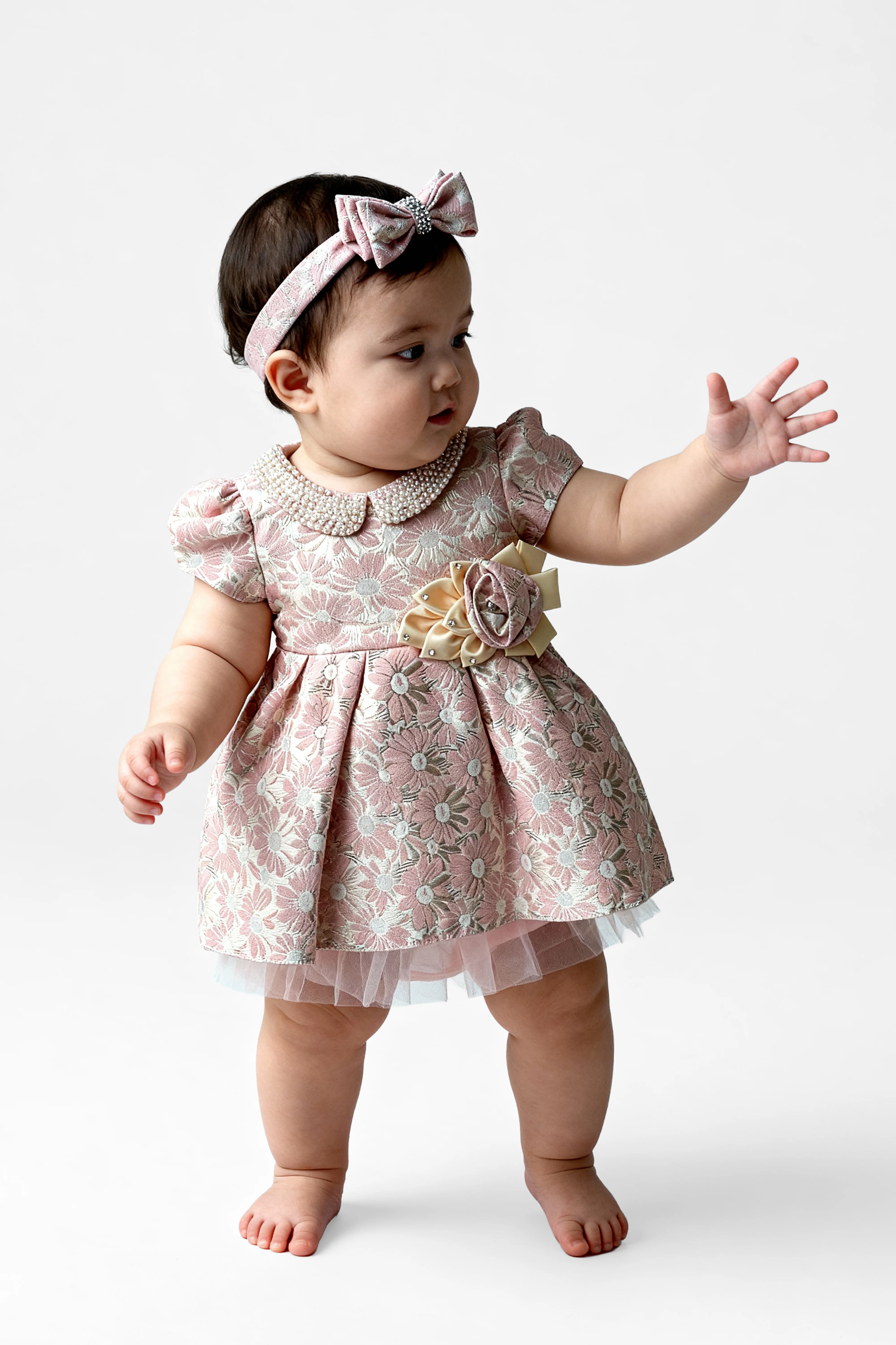 Babies & Girls Floral Brocade Dress with Peter Pan Collar - Pink