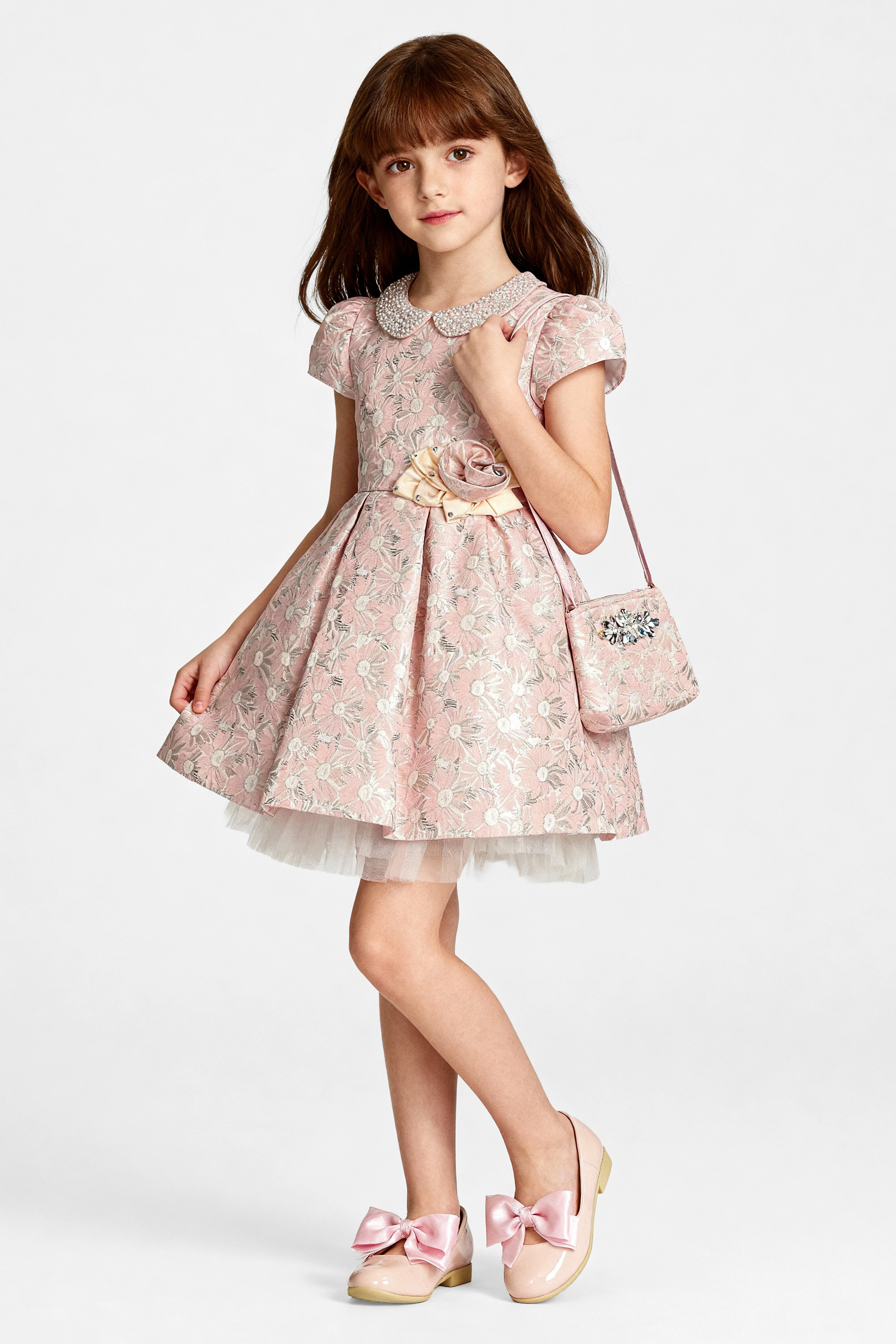 Babies & Girls Floral Brocade Dress with Peter Pan Collar - Pink - Image 3