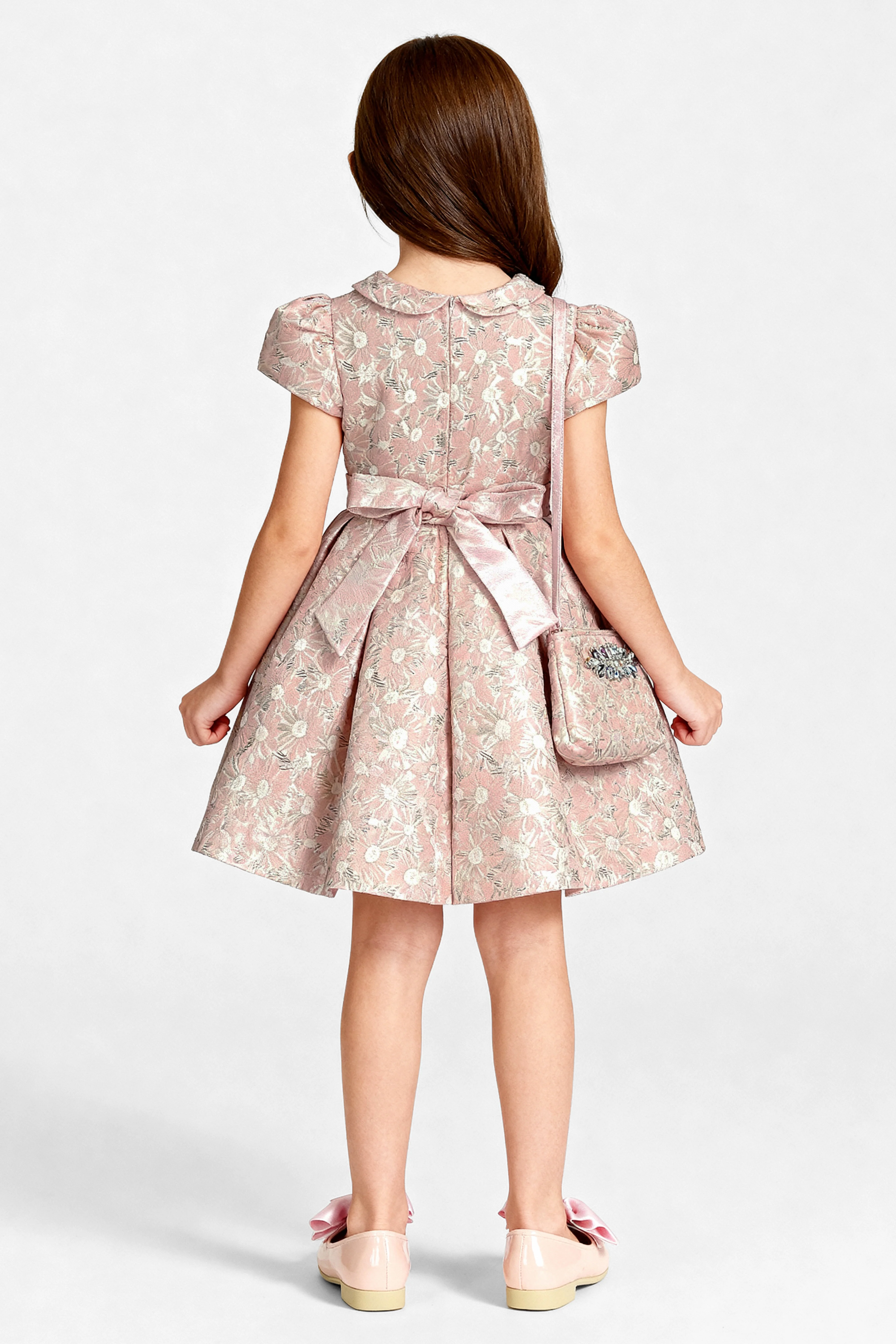 Babies & Girls Floral Brocade Dress with Peter Pan Collar - Pink - Image 4