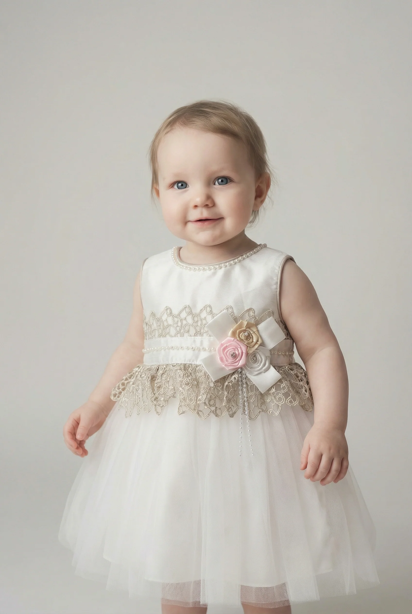 Babies & Girls Ivory Satin & Tulle Dress - Image 5