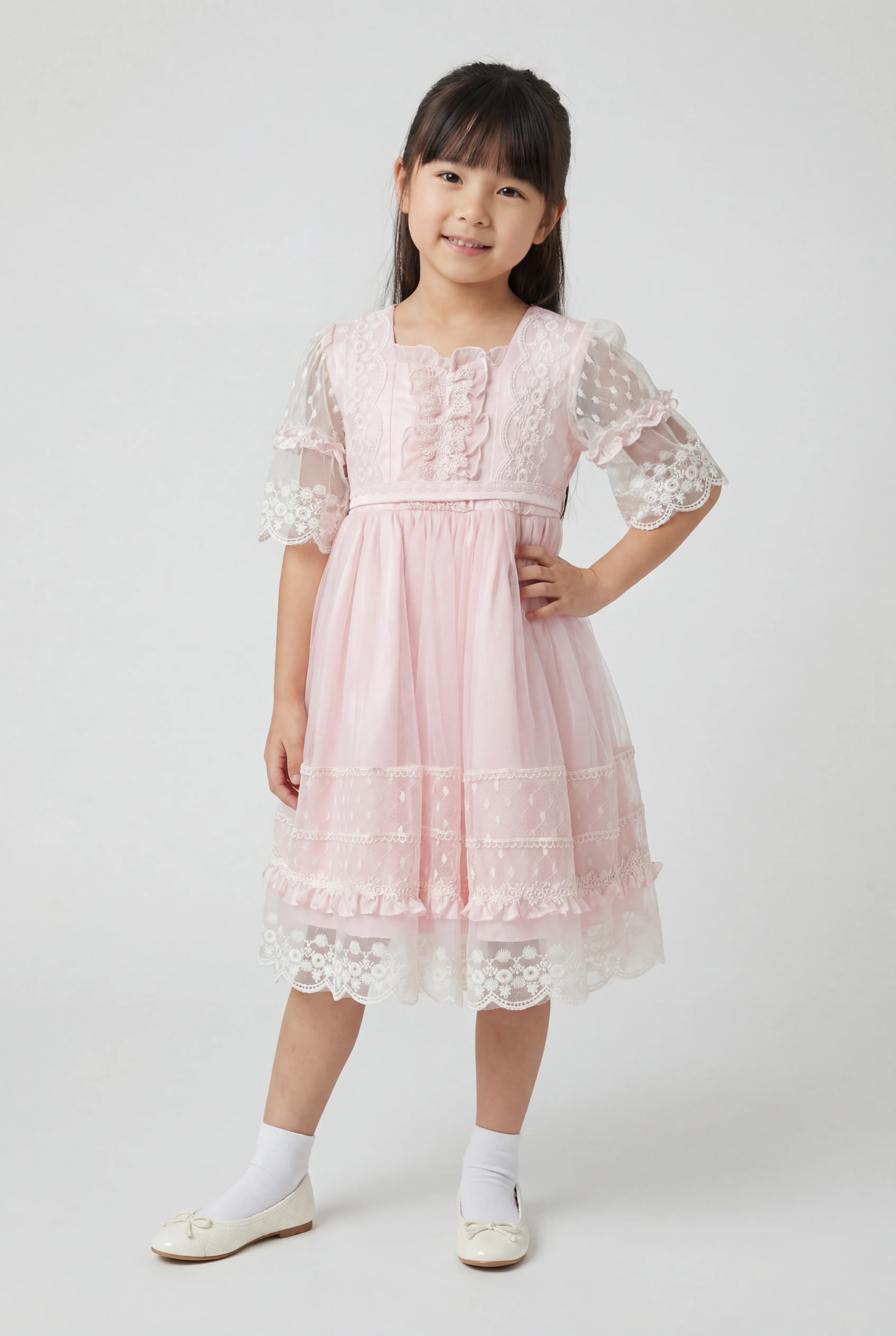 Babies & Girls Pink Lace Trim Dress with Sheer Embroidered Sleeves