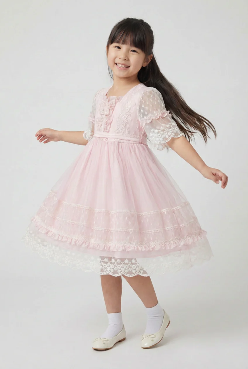 Babies & Girls Pink Lace Trim Dress with Sheer Embroidered Sleeves - Image 2