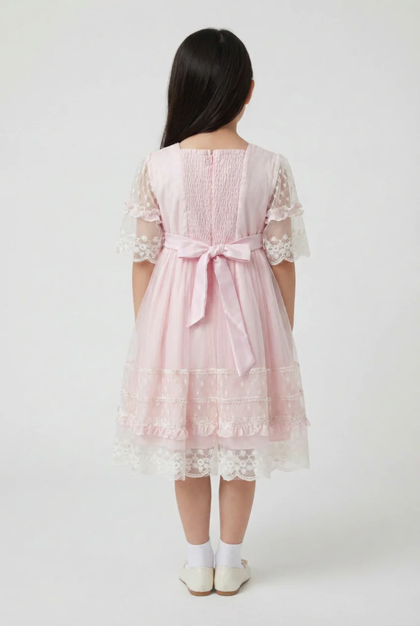 Babies & Girls Pink Lace Trim Dress with Sheer Embroidered Sleeves - Image 3
