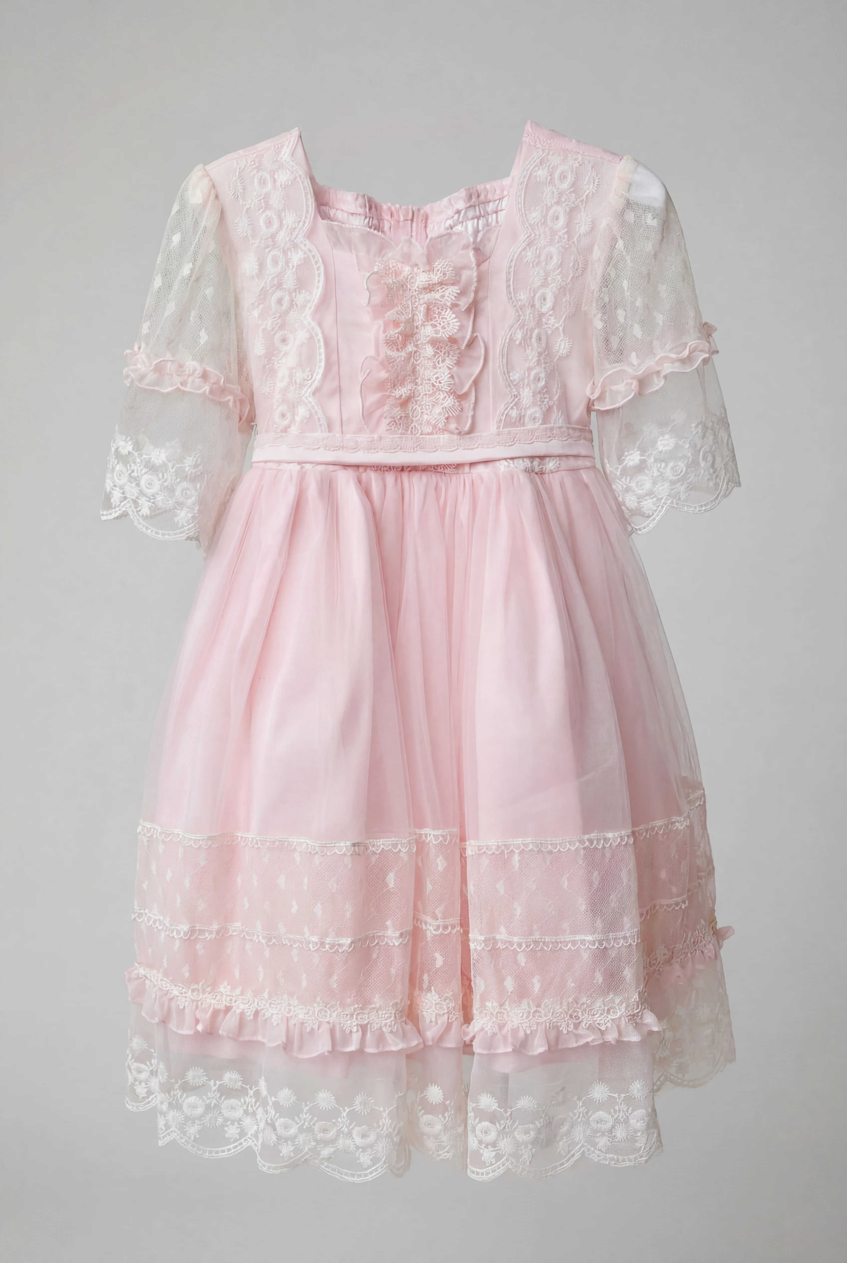 Babies & Girls Pink Lace Trim Dress with Sheer Embroidered Sleeves - Image 4