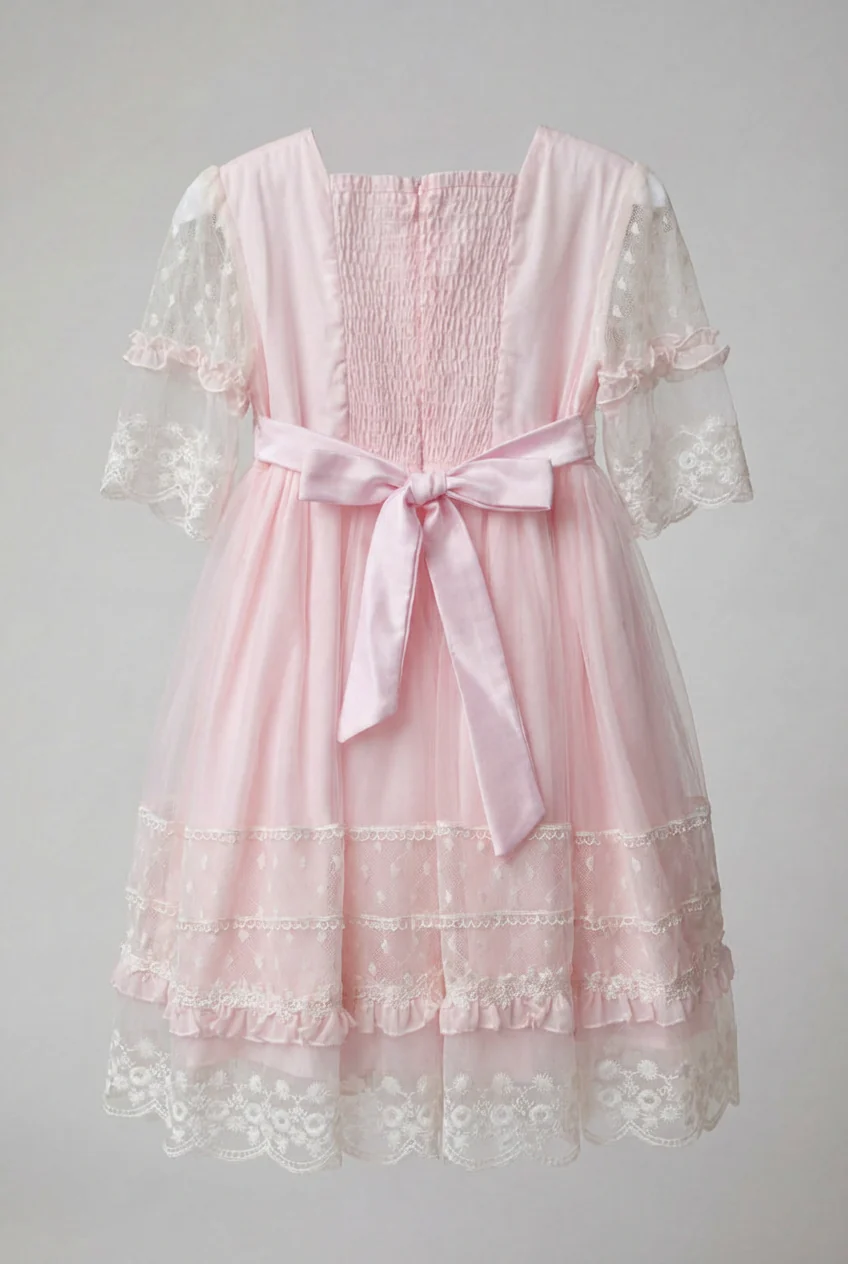 Babies & Girls Pink Lace Trim Dress with Sheer Embroidered Sleeves - Image 5