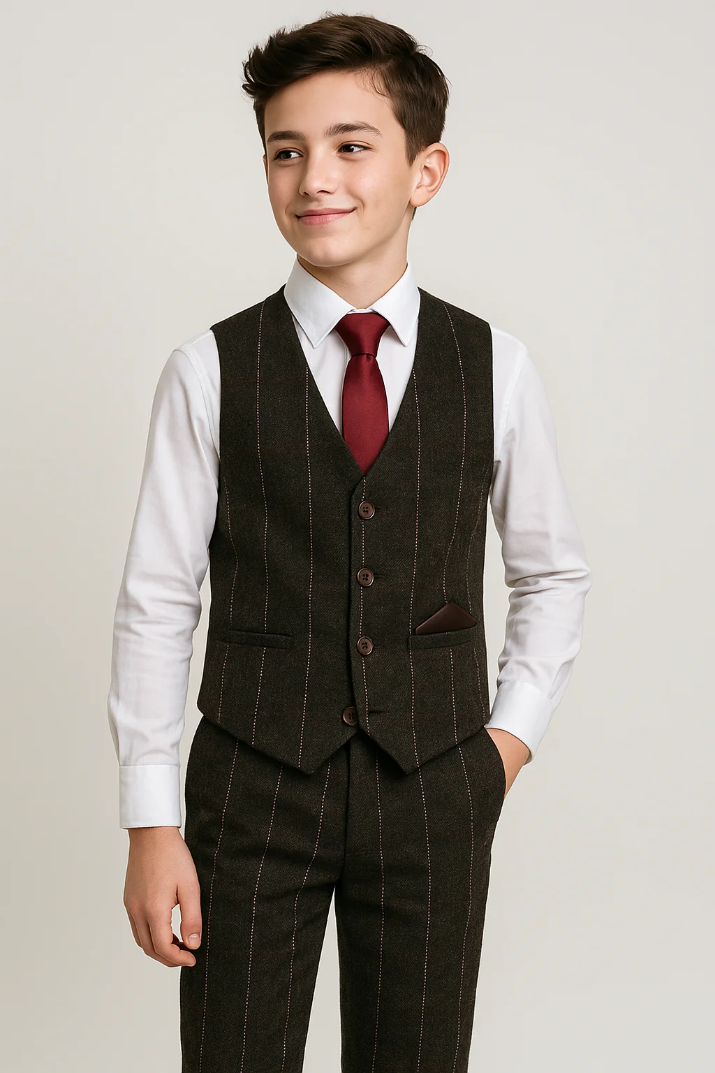 Boys Tweed Pinstrip Dark Brown Waistcoat Suit Set