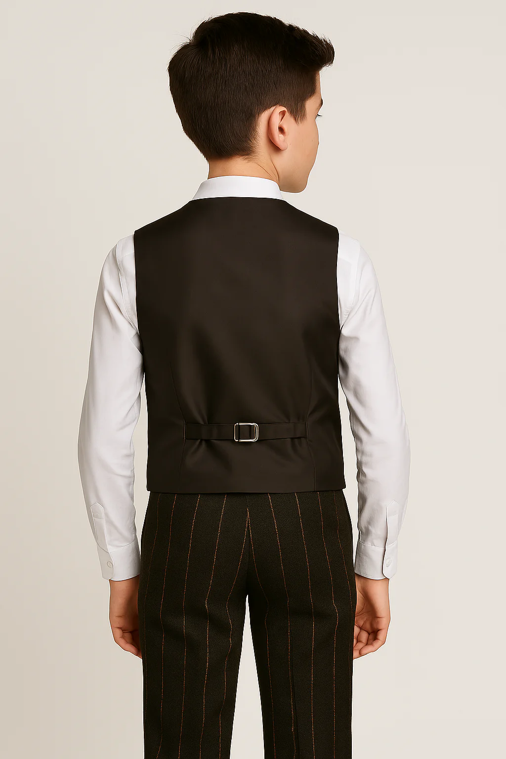 Boys Tweed Pinstrip Dark Brown Waistcoat Suit Set - Image 2
