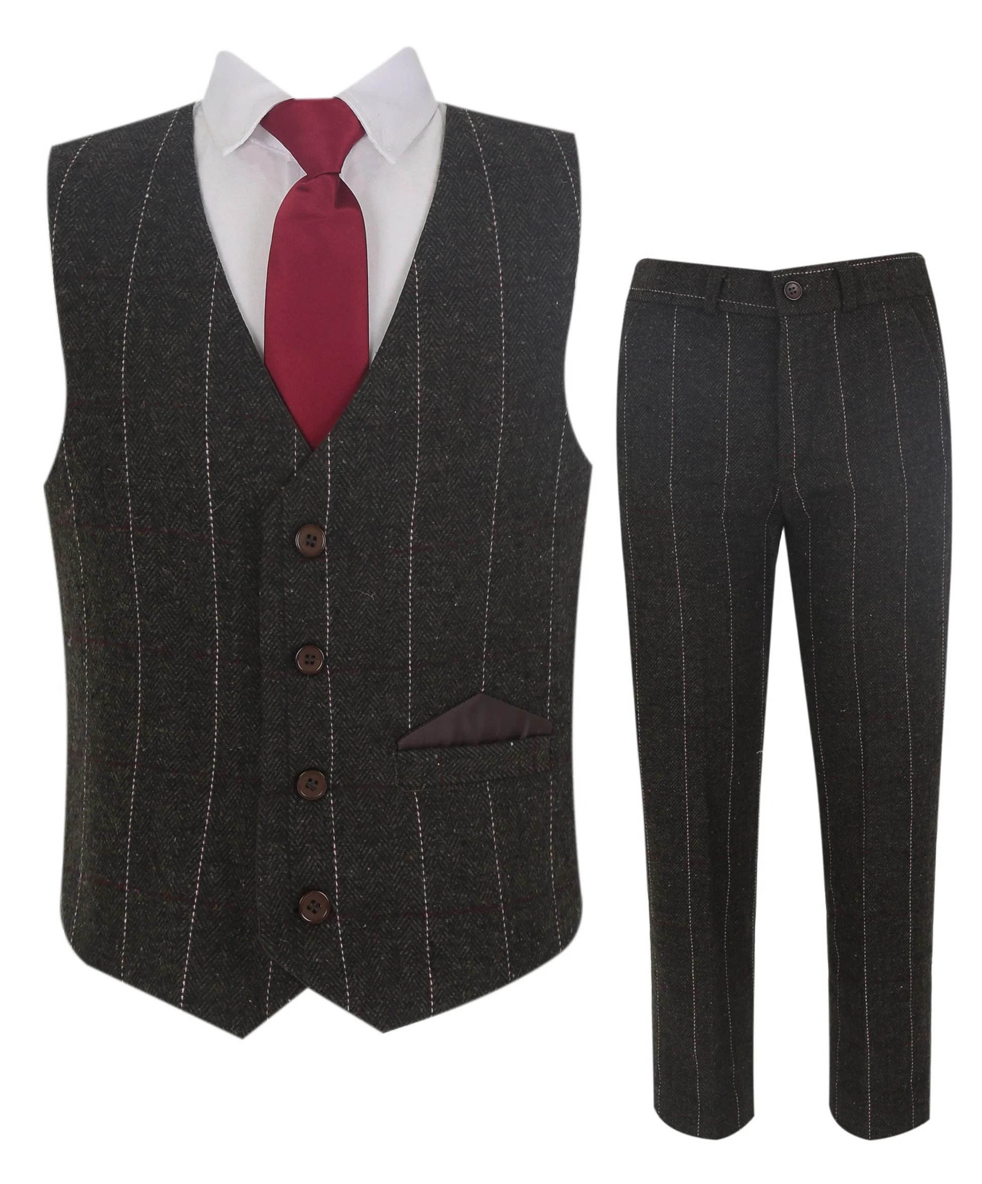 Boys Tweed Pinstrip Dark Brown Waistcoat Suit Set - Image 4