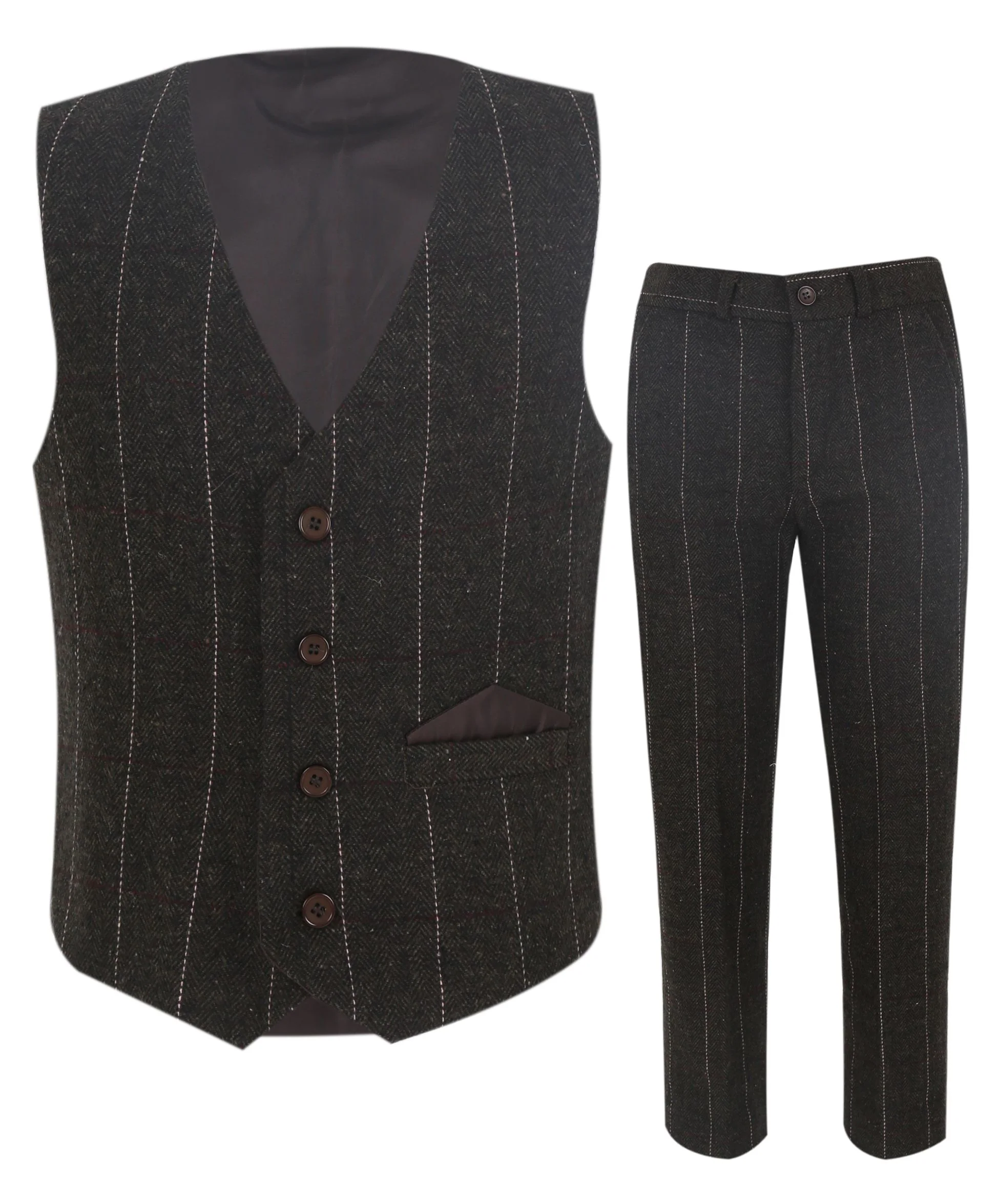 Boys Tweed Pinstrip Dark Brown Waistcoat Suit Set - Image 8