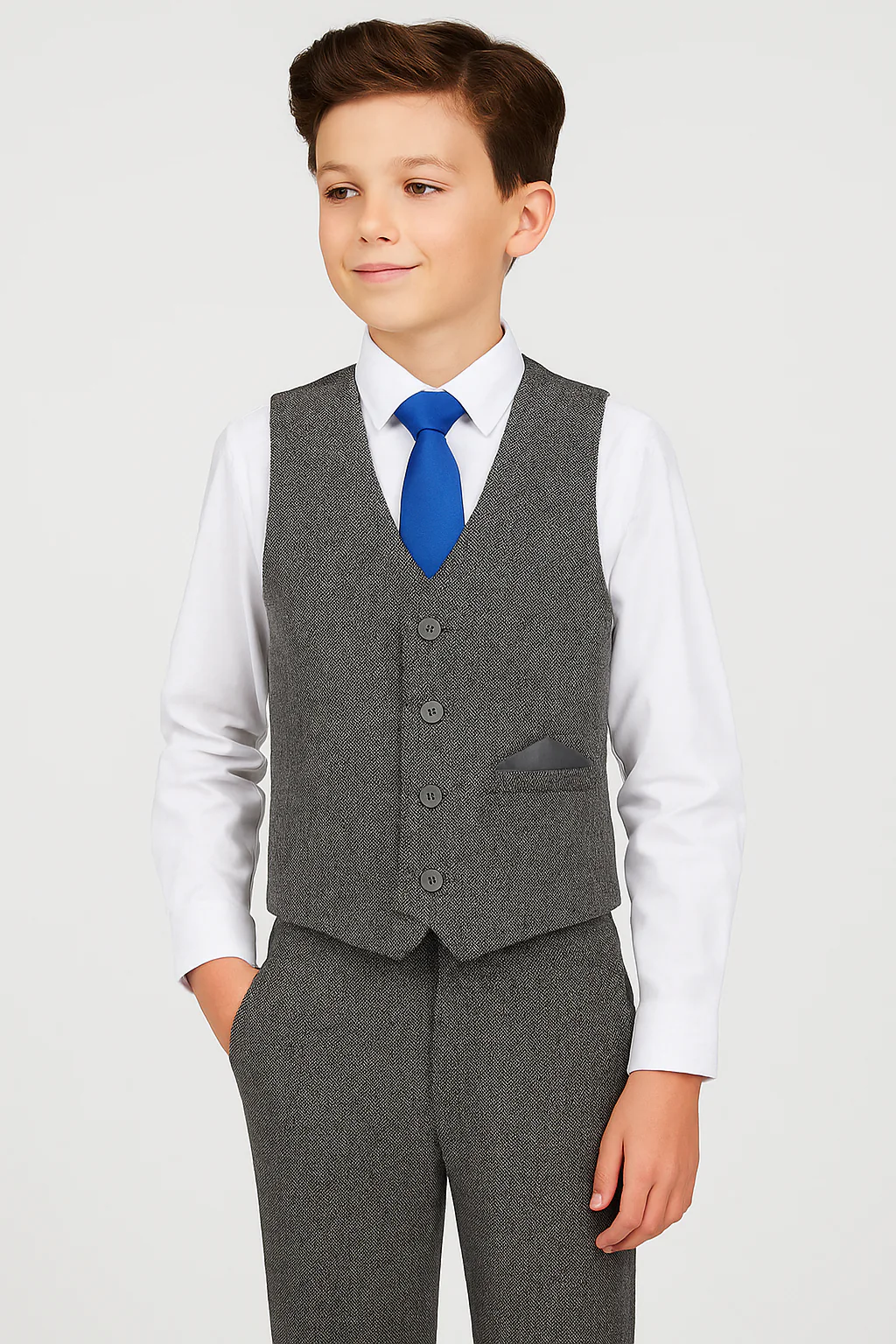 Boys Herringbone Tweed Waistcoat Suit Set - Dark Grey