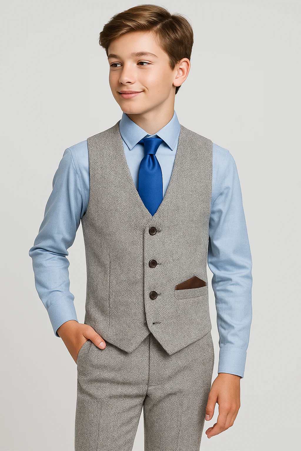 Boys Herringbone Tweed Waistcoat Suit Set - Light Brown