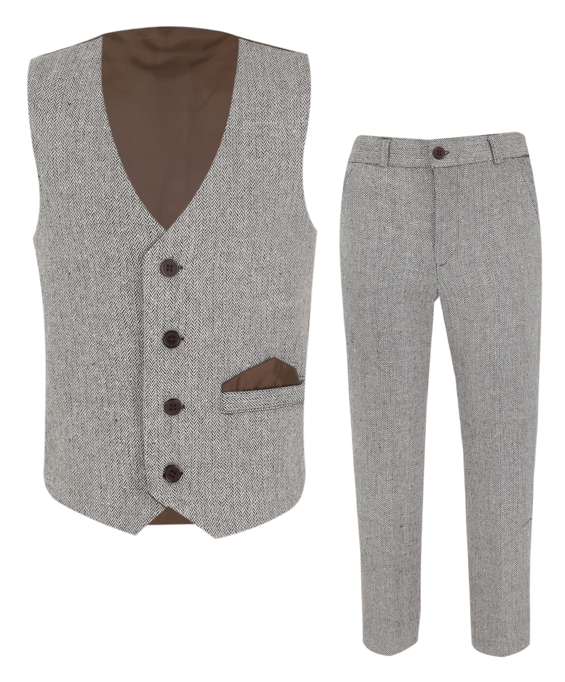 Boys Herringbone Tweed Waistcoat Suit Set - Light Brown - Image 5