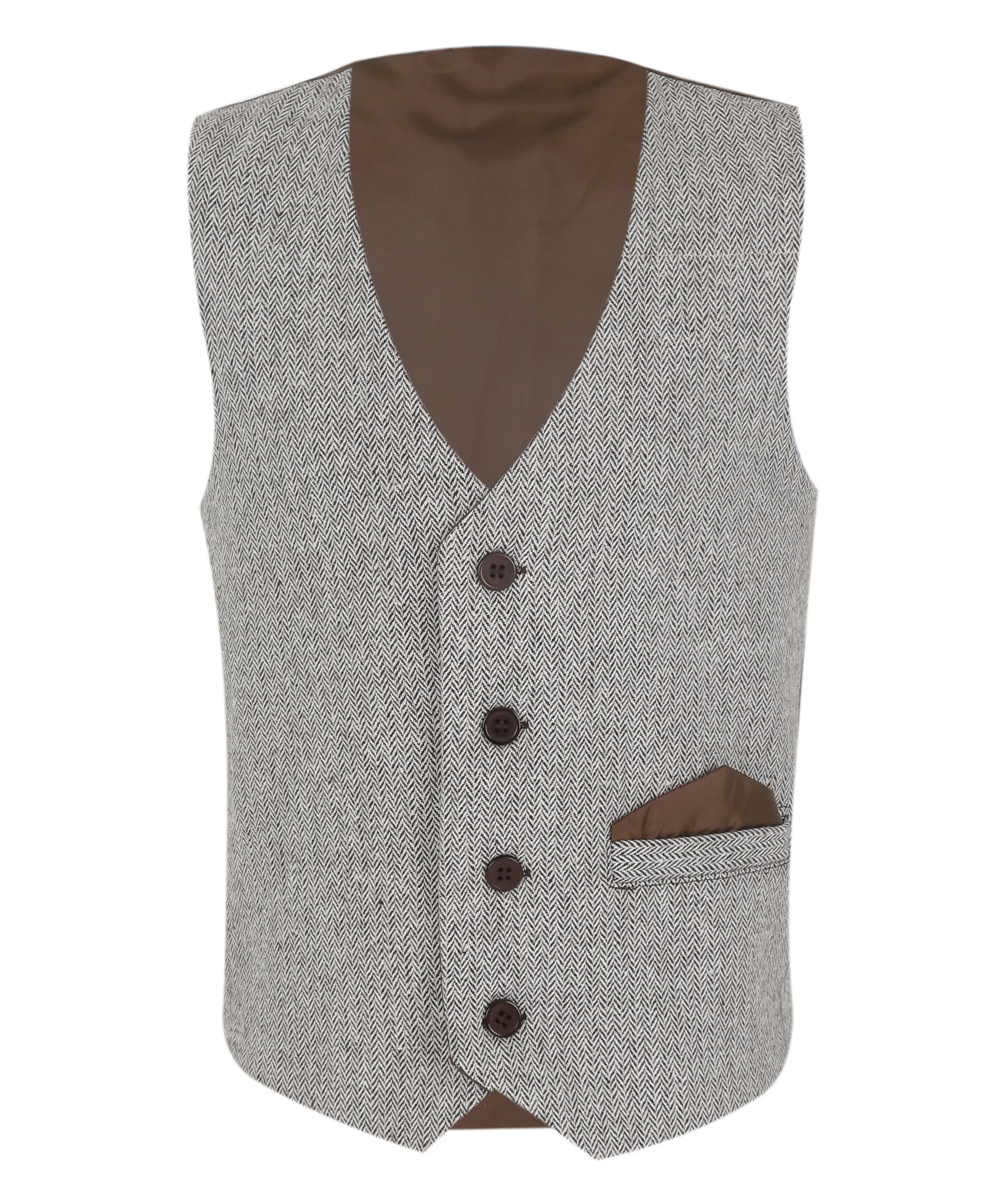 Boys Herringbone Tweed Waistcoat Suit Set - Light Brown - Image 6