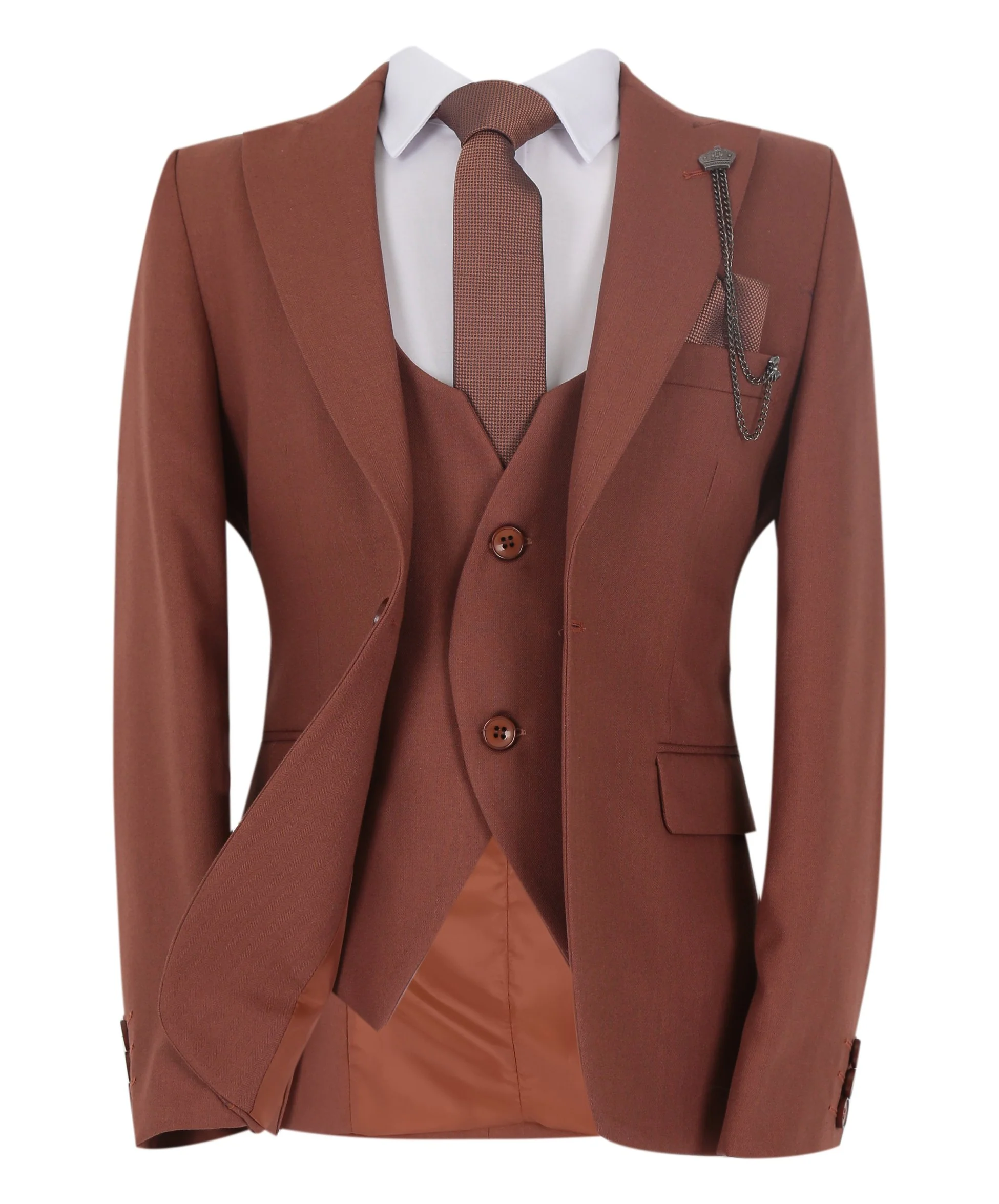 Boys Slim Fit Herringbone 8 Piece Suit Set - KING - Cinnamon Brown - Image 5