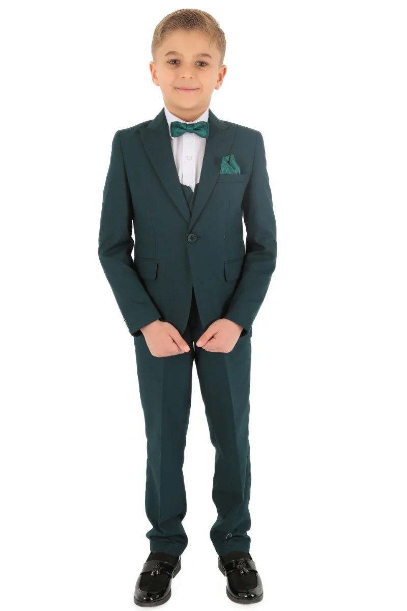 Boys Slim Fit Herringbone 8 Piece Suit Set - KING - Emerald Green - Image 3