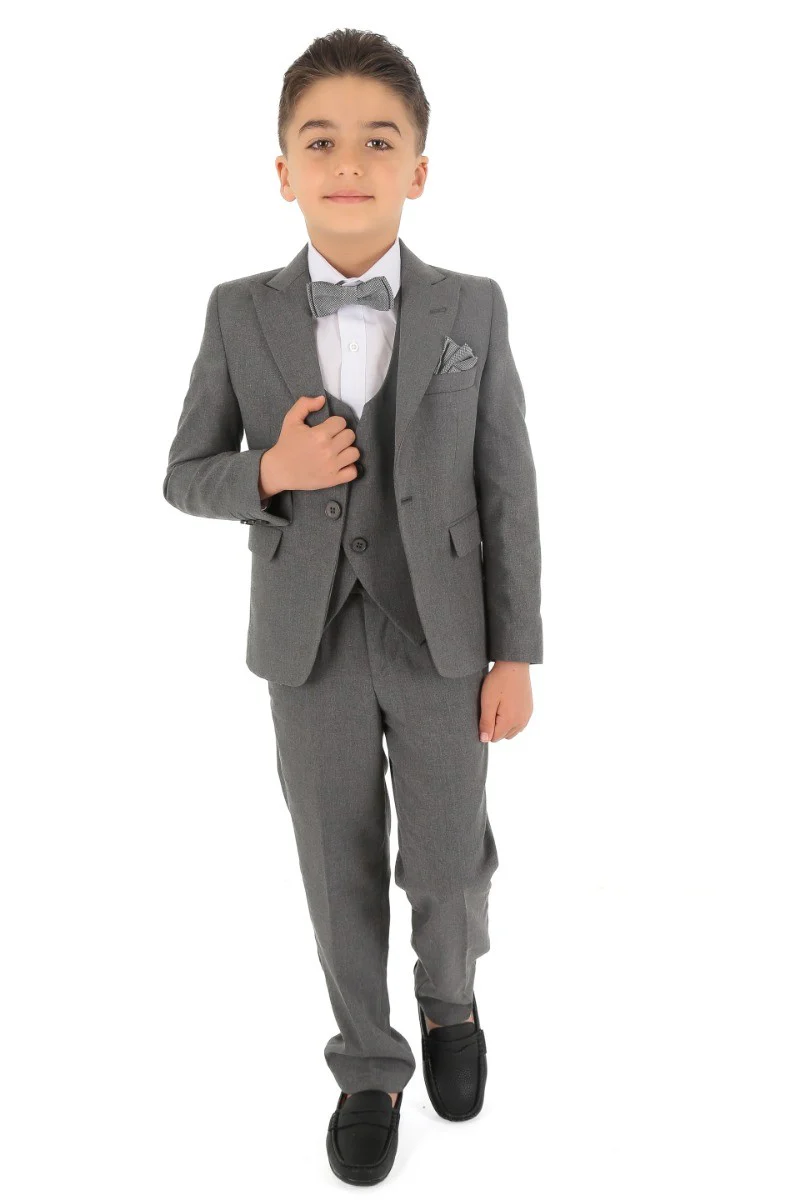 Boys Slim Fit Herringbone 8 Piece Suit Set - KING - Grey - Image 3