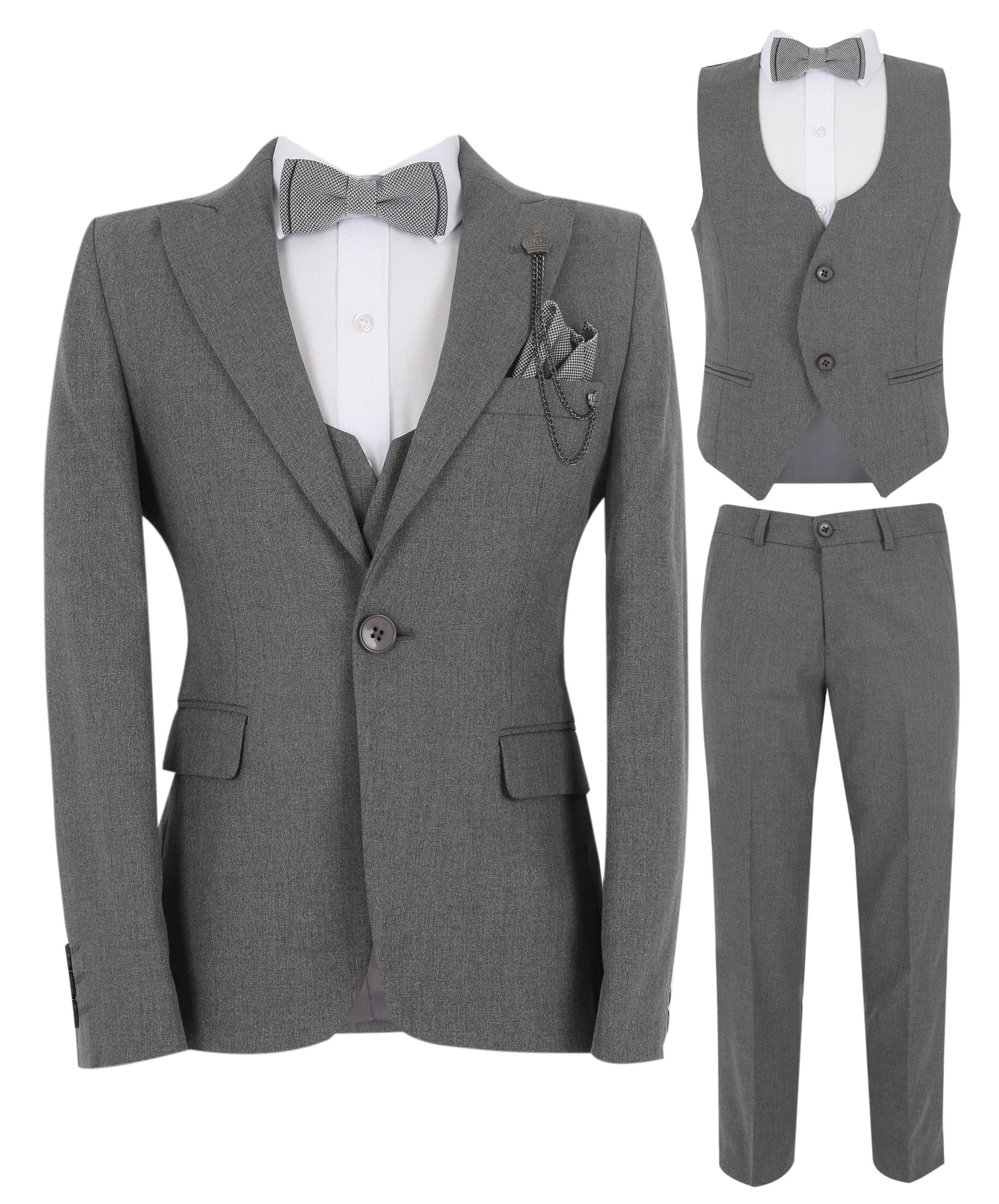 Boys Slim Fit Herringbone 8 Piece Suit Set - KING - Grey - Image 8