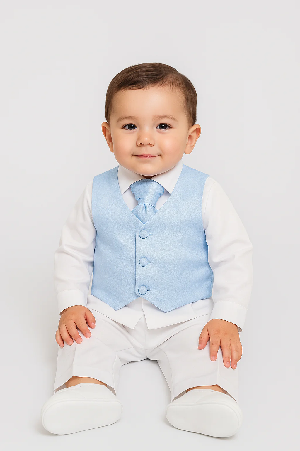 Baby Boys 4 Piece White Christening Suit With Blue Waistcoat - ROMEO