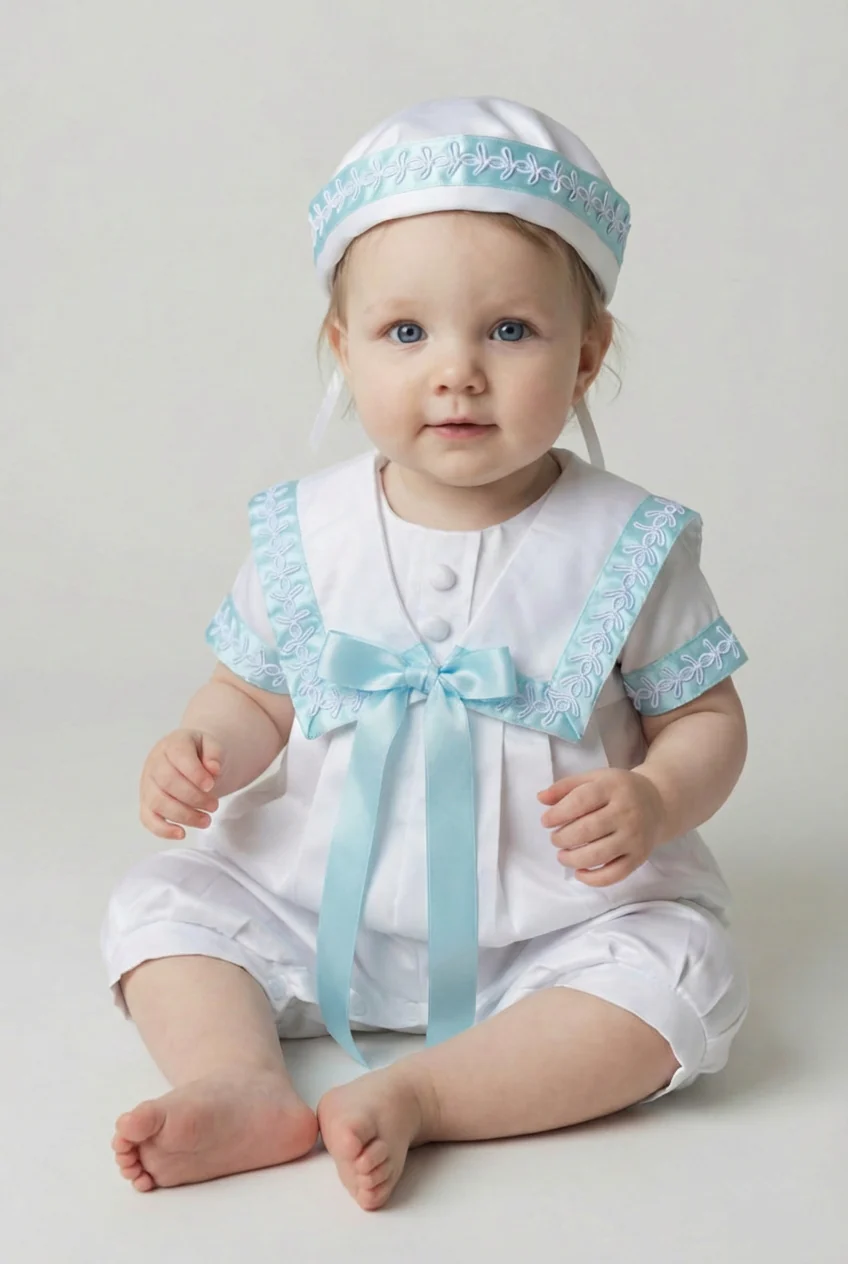 Baby Boys Christening Outfit Set with Sailor Collar & Matching Hat - Blue