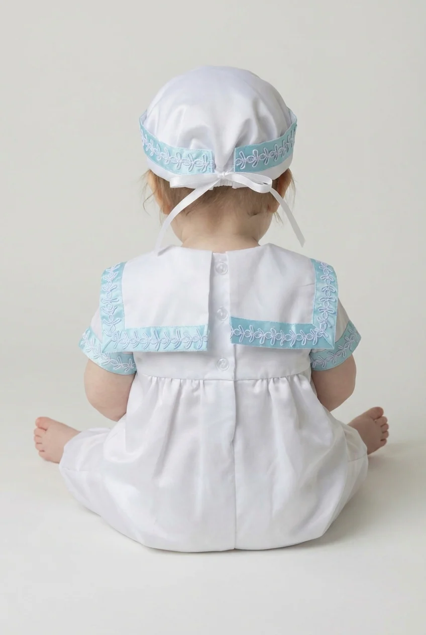 Baby Boys Christening Outfit Set with Sailor Collar & Matching Hat - Blue - Image 2