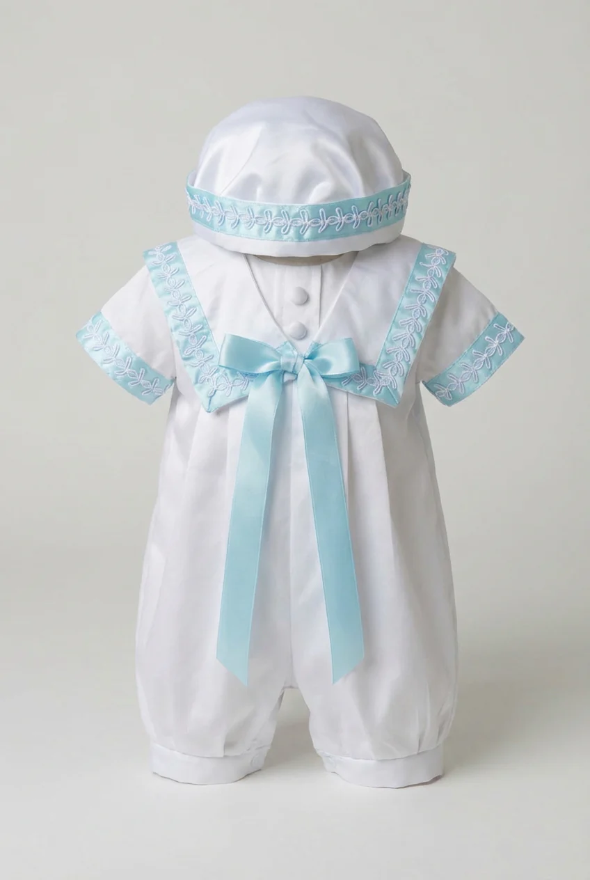 Baby Boys Christening Outfit Set with Sailor Collar & Matching Hat - Blue - Image 3