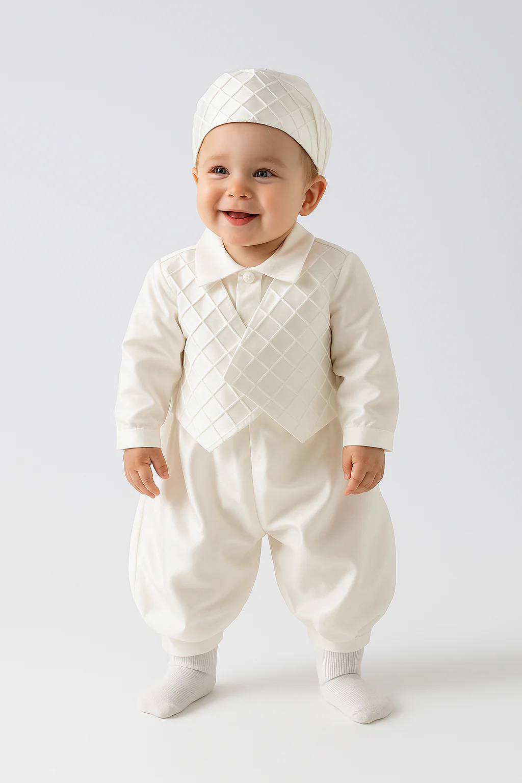 Baby Boys Christening Quilted Romper with Hat - PATRICK - Ivory