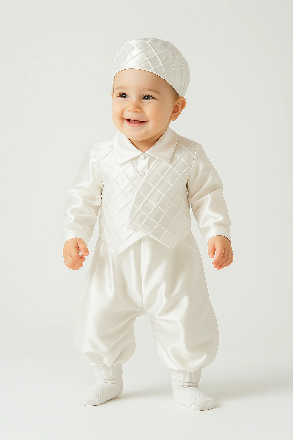 Baby Boys Christening Quilted Romper with Hat - PATRICK - White