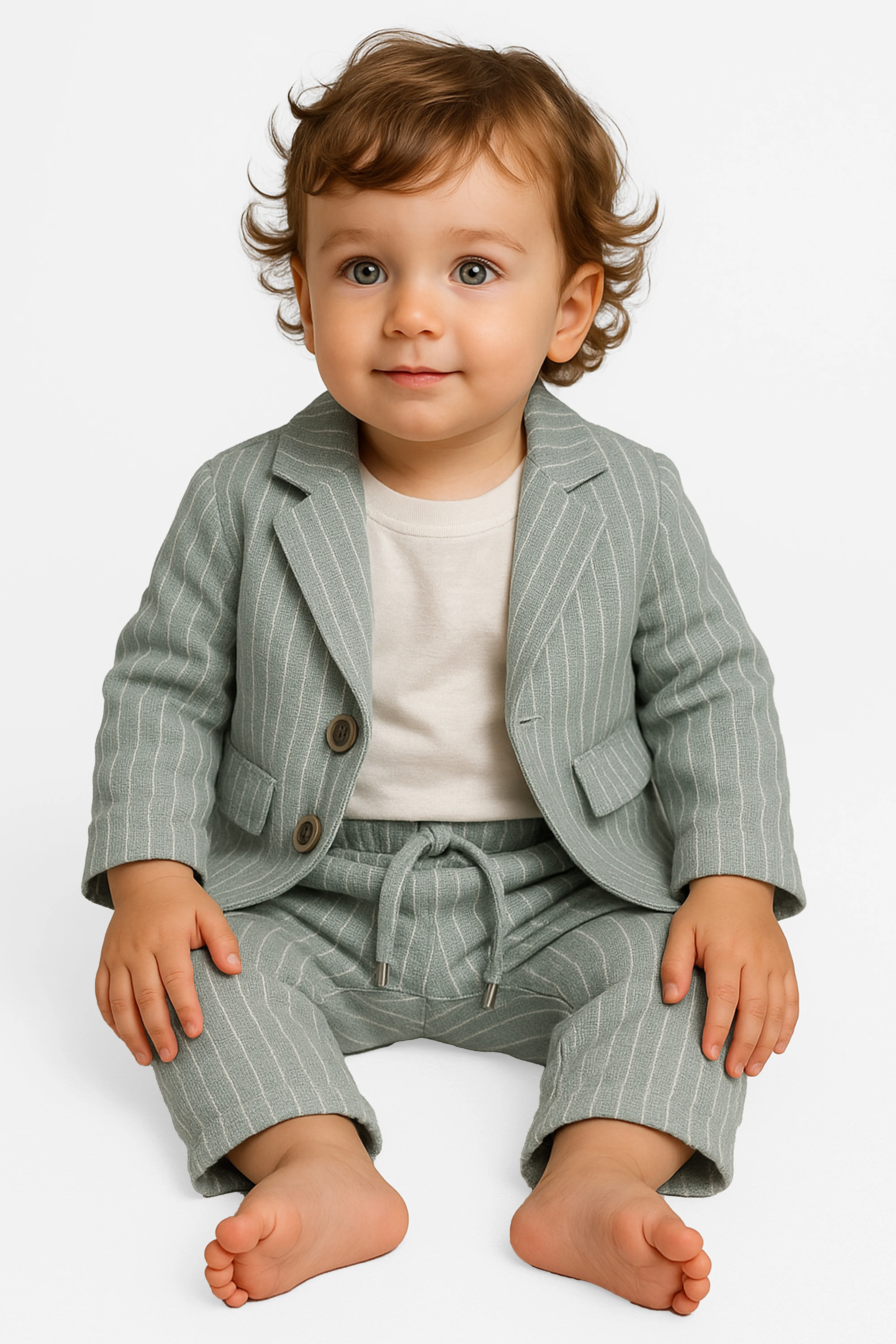Baby Boys’ Cotton-Linen 3-Piece Pinstripe Suit - SALAS - Sage Green - Image 3