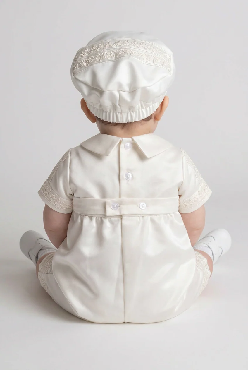 Baby Boys Ivory Christening Satin Romper Set & Matching Hat - Image 2