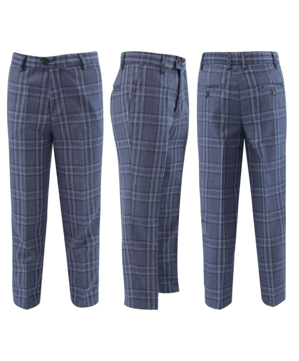 Boys Tailored Fit Plaid Check Blue Suit Set - JOSEPH - Denim Blue - Image 7