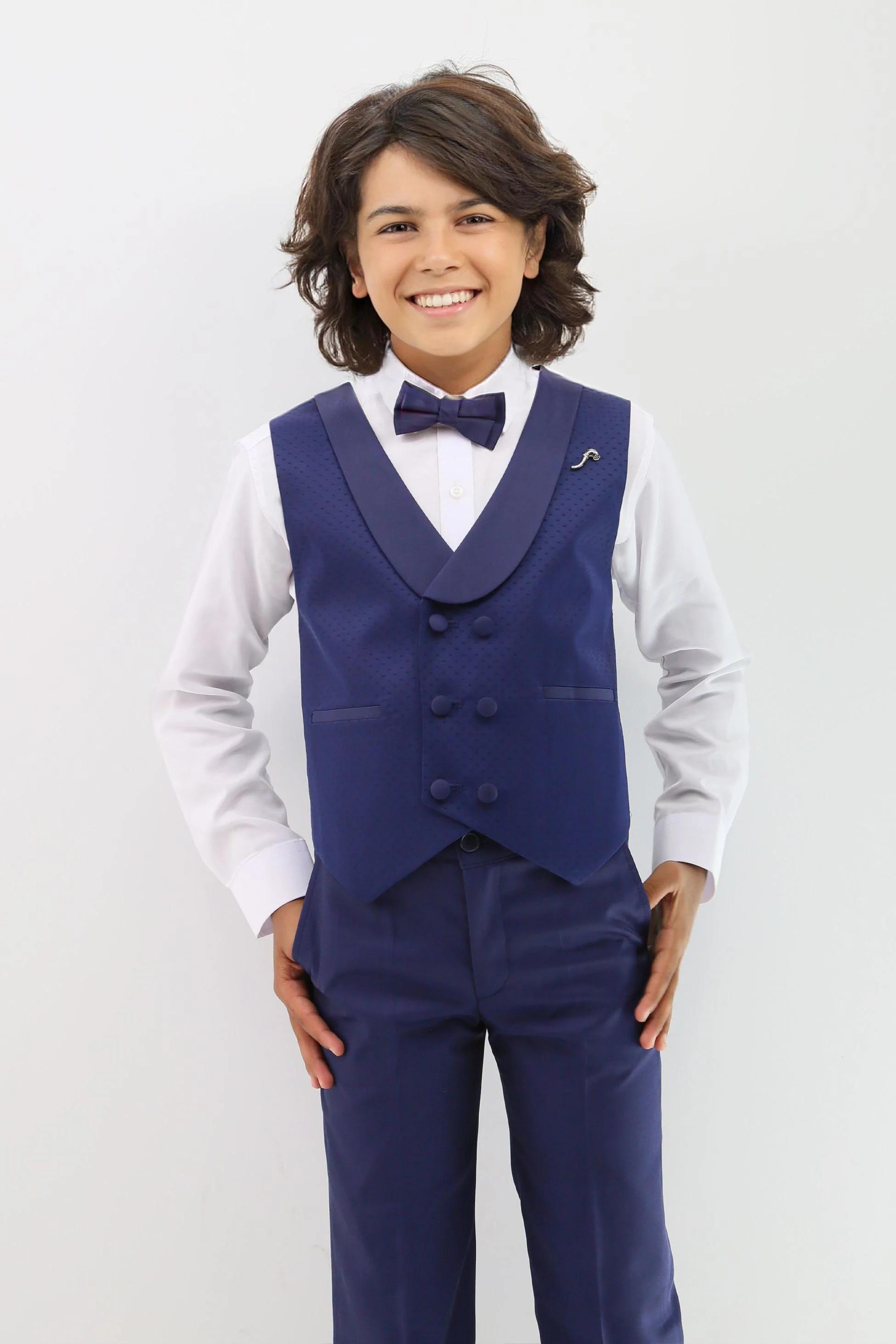 Baby & Boys Shawl Lapel Dotted Navy Waistcoat Suit Set - Navy Blue - Image 3