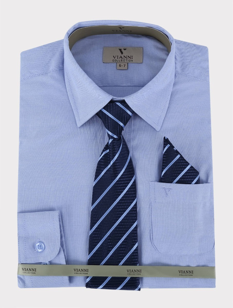 Boys Cotton Blend Long Sleeve Shirt, Tie & Hanky Set - Blue - Patterned Tie - Image 2