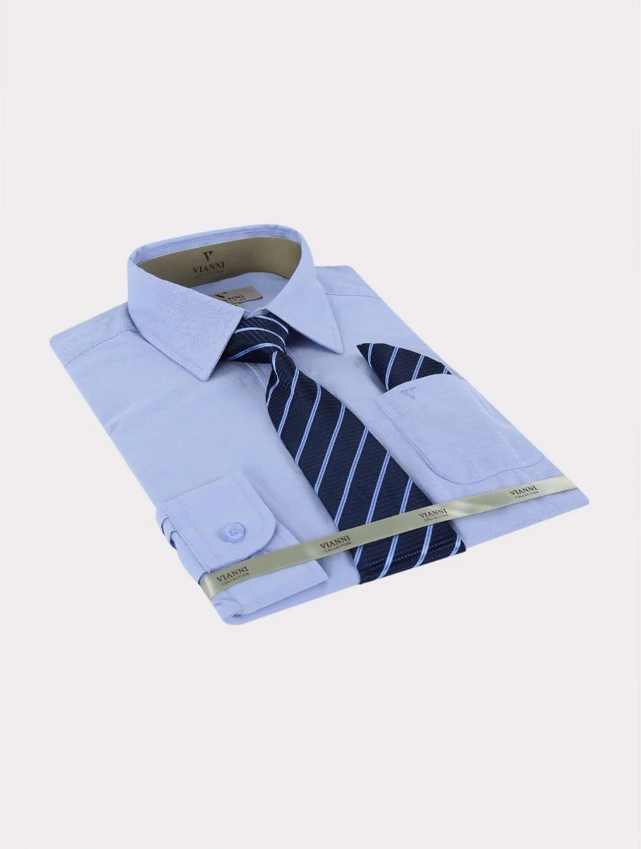 Boys Cotton Blend Long Sleeve Shirt, Tie & Hanky Set - Blue - Patterned Tie - Image 3
