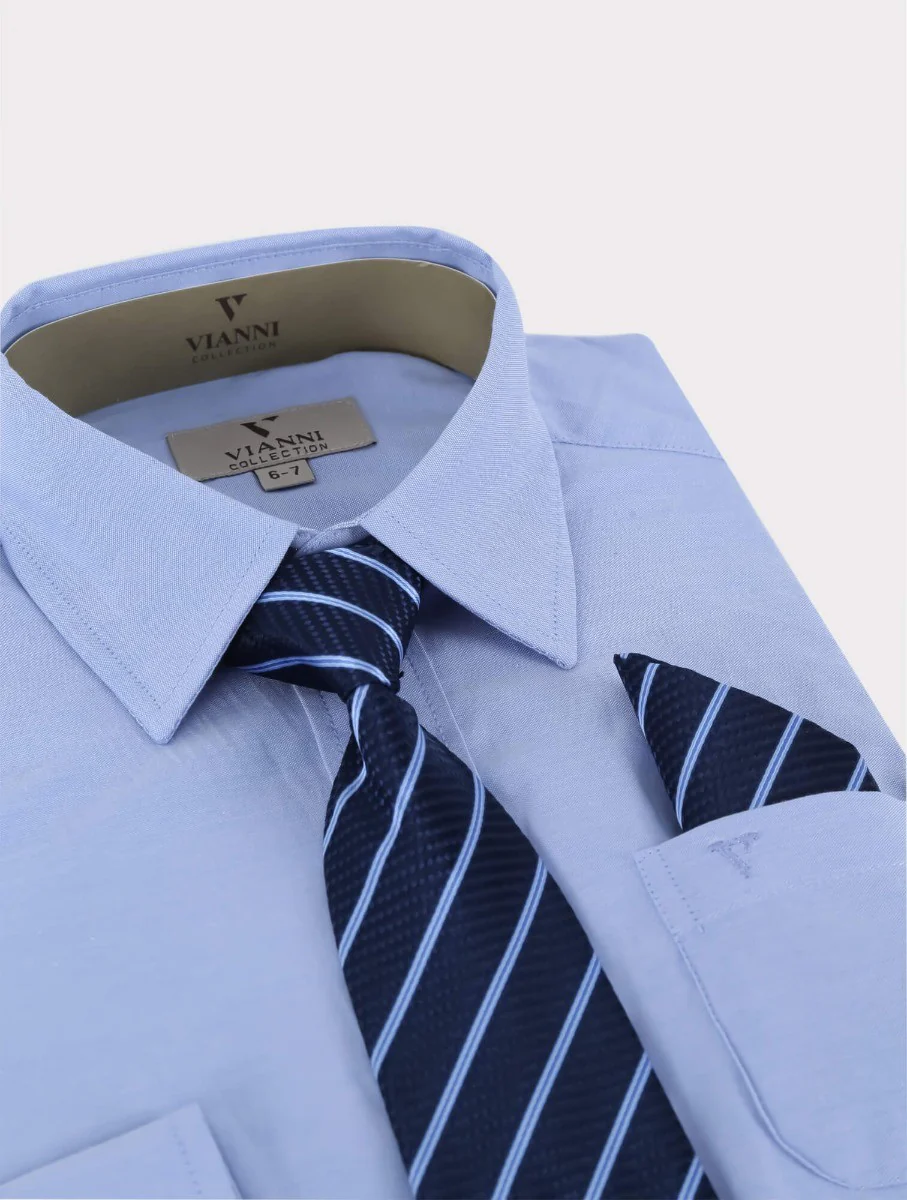 Boys Cotton Blend Long Sleeve Shirt, Tie & Hanky Set - Blue - Patterned Tie - Image 4