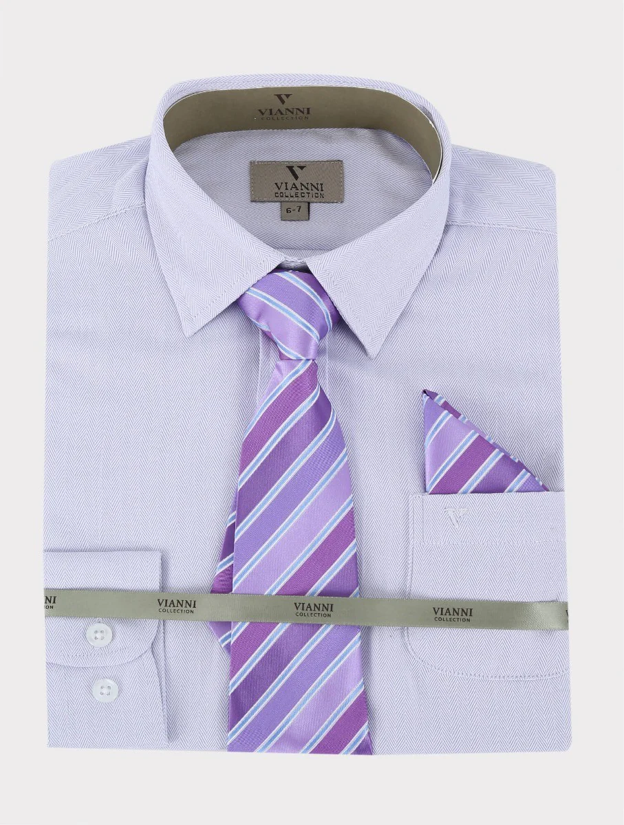 Boys Cotton Blend Long Sleeve Shirt, Tie & Hanky Set - Lilac -Patterned Tie - Image 2