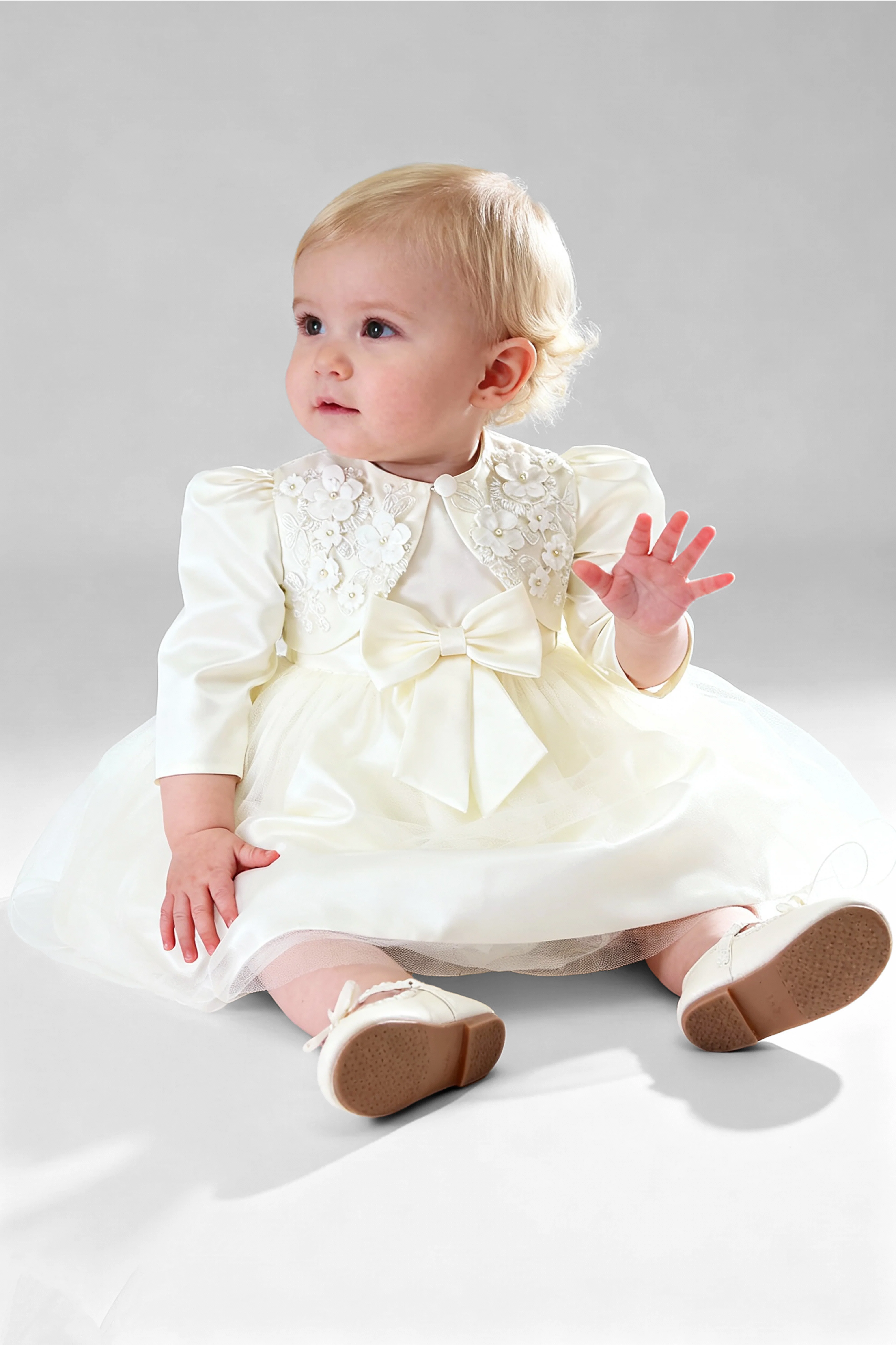 Baby Girl Sleeveless Dress with Floral Bolero - B1176 - Ivory