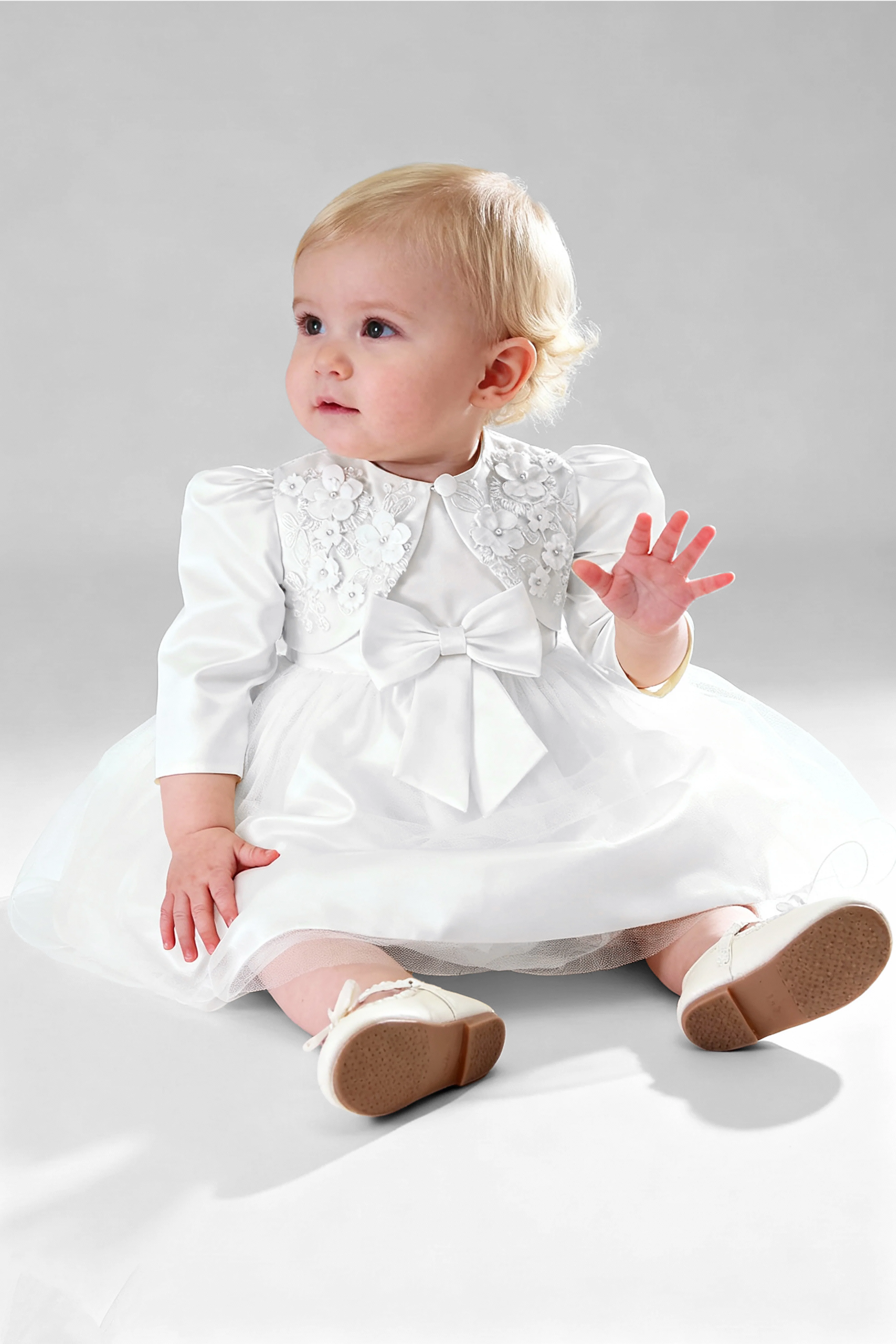 Baby Girl Sleeveless Dress with Floral Bolero - B1176 - White