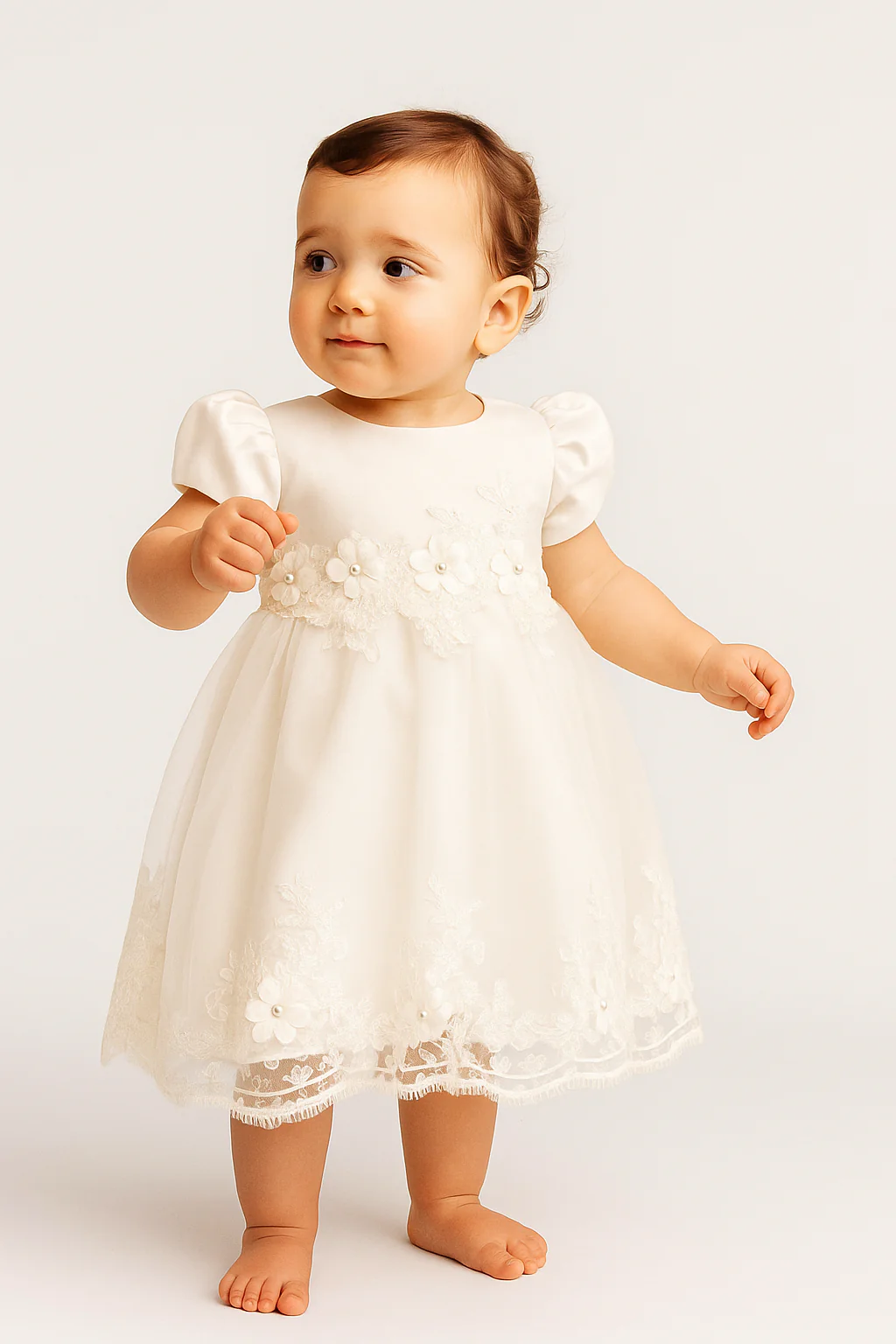 Baby Girls Balloon Sleeves Tulle Dress - RIYA - Ivory