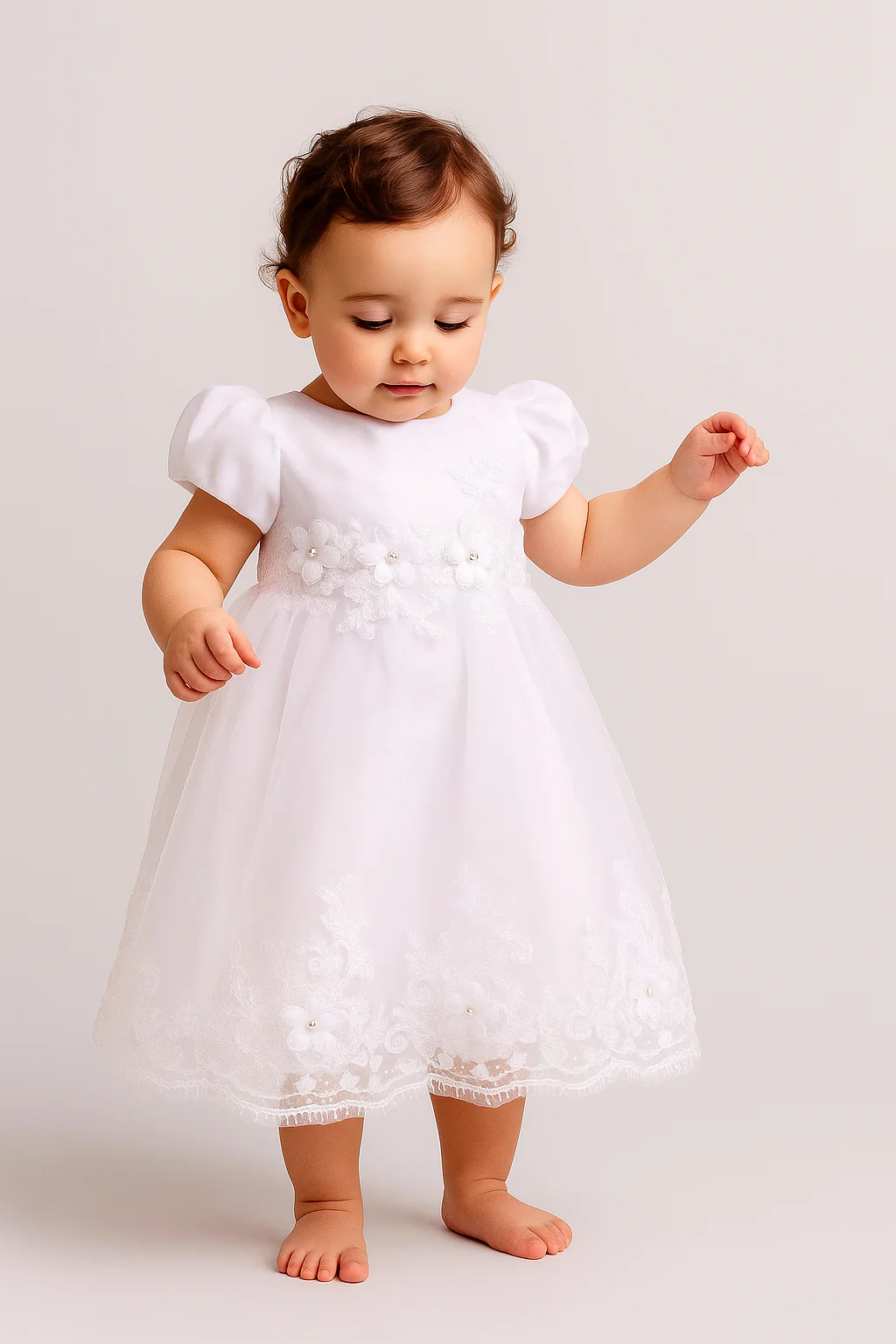 Baby Girls Balloon Sleeves Tulle Dress - RIYA - White