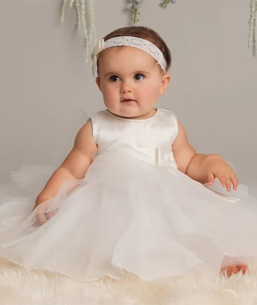 Baby Girls Christening Dress with Satin Bow - K038 - Ivory - Image 2