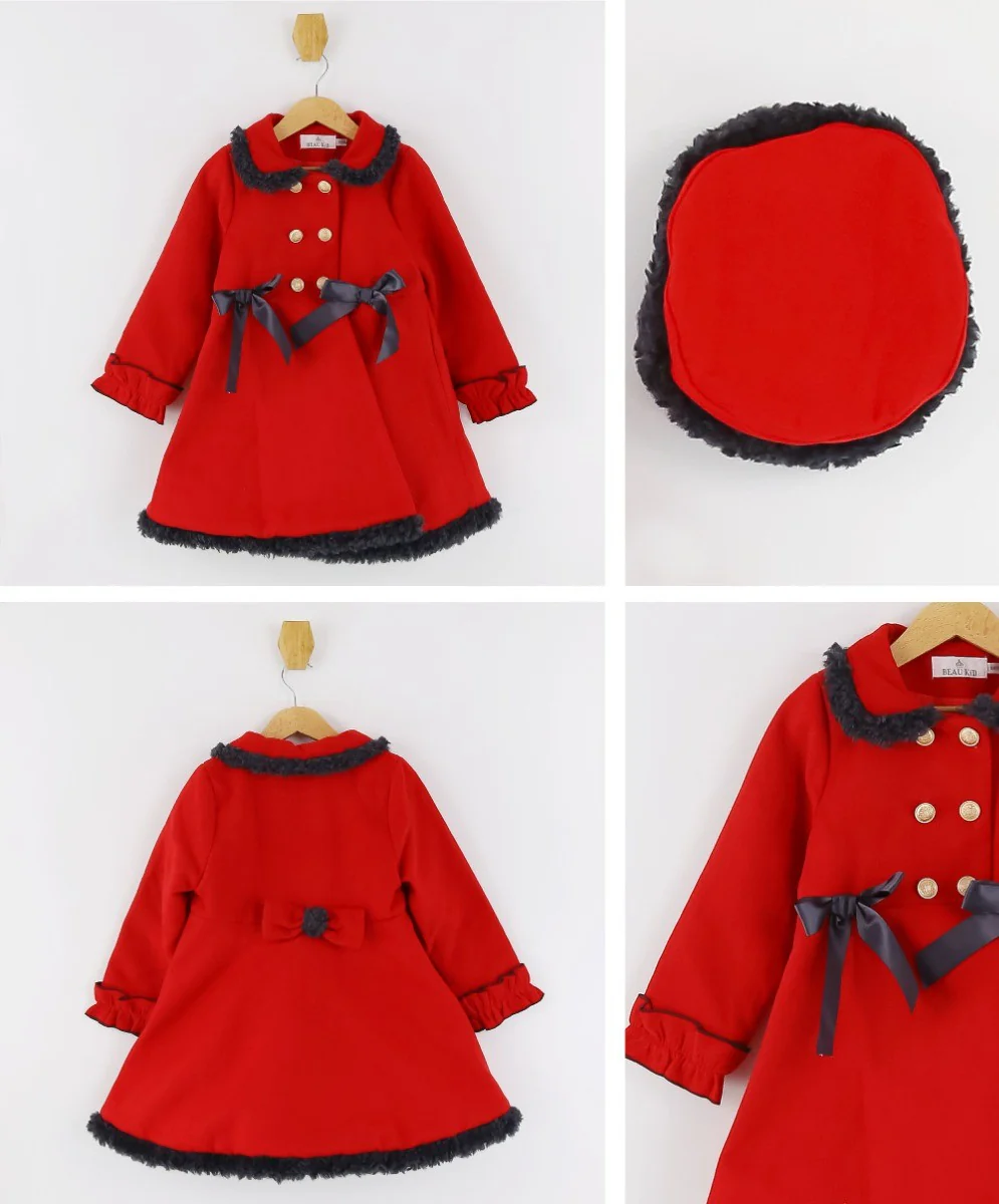 Girls Double-breasted Mid-Length Felted Wool Coat Set - Red - Image 6