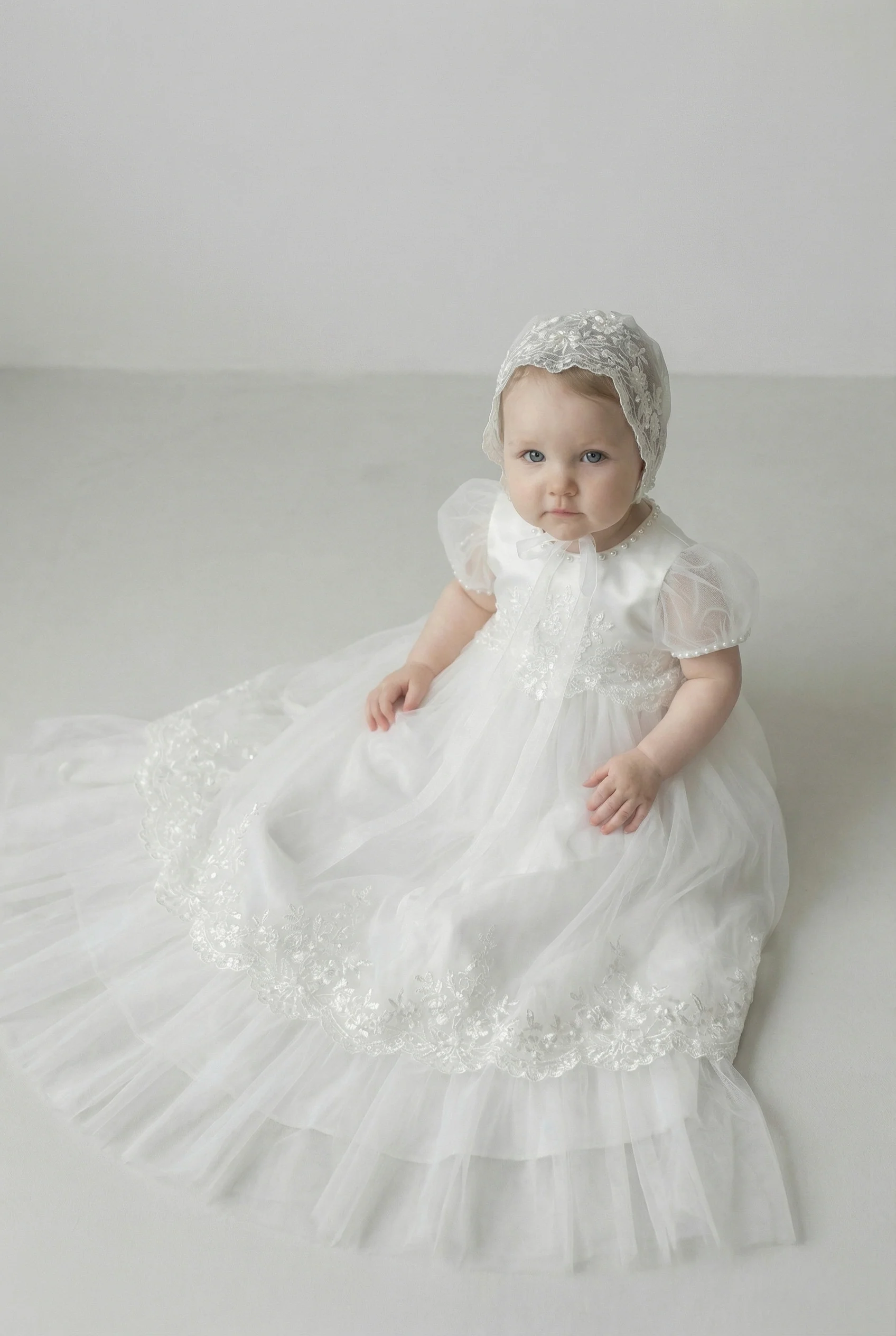 Baby Girls Embroidered Bodice Baptism Dress & Bonnet Set - Ivory - Image 2