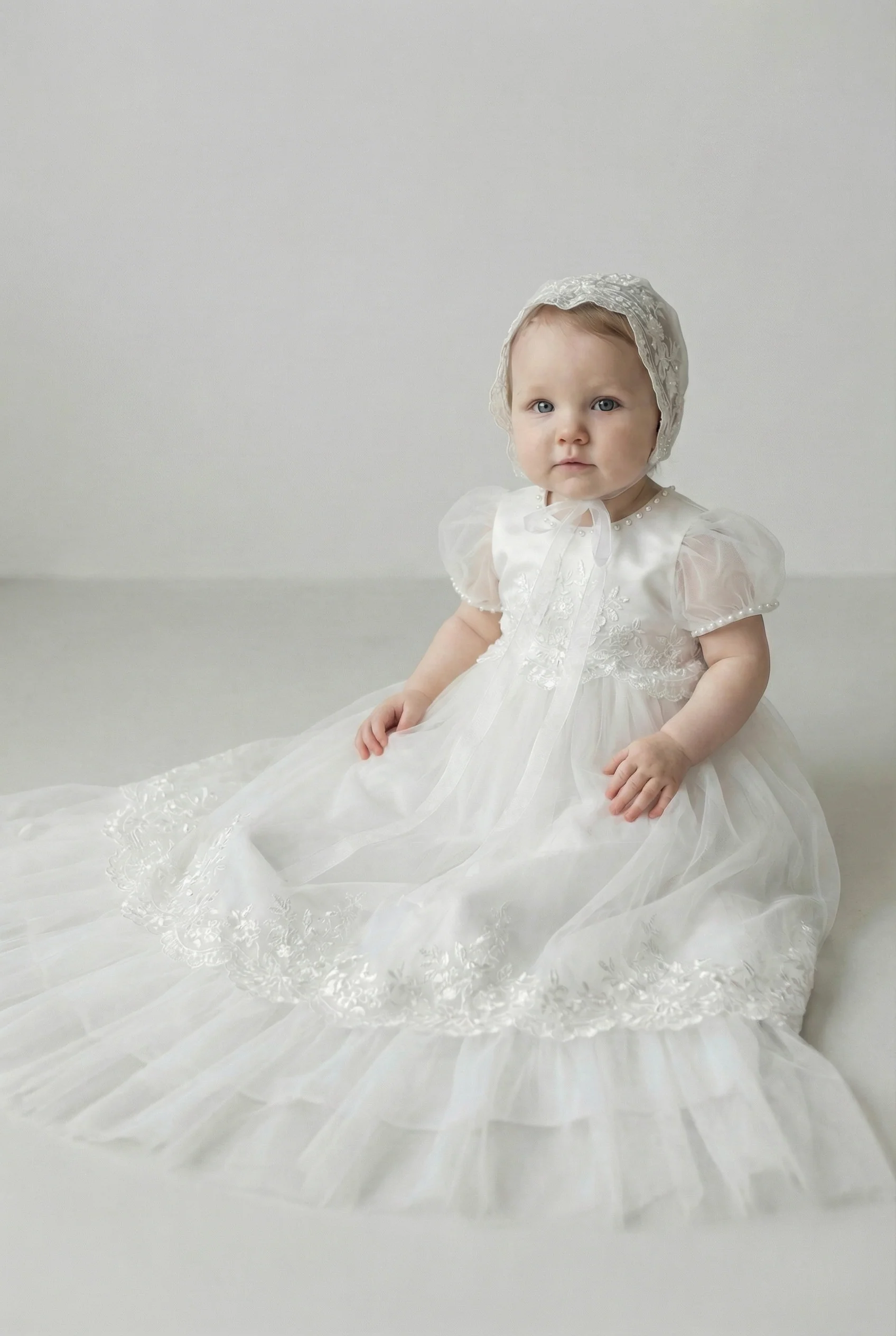 Baby Girls Embroidered Bodice Baptism Dress & Bonnet Set - Ivory - Image 3