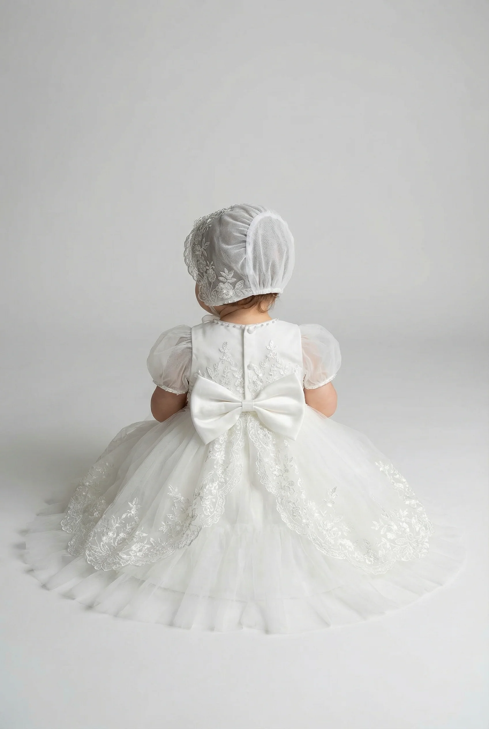 Baby Girls Embroidered Bodice Baptism Dress & Bonnet Set - Ivory - Image 4