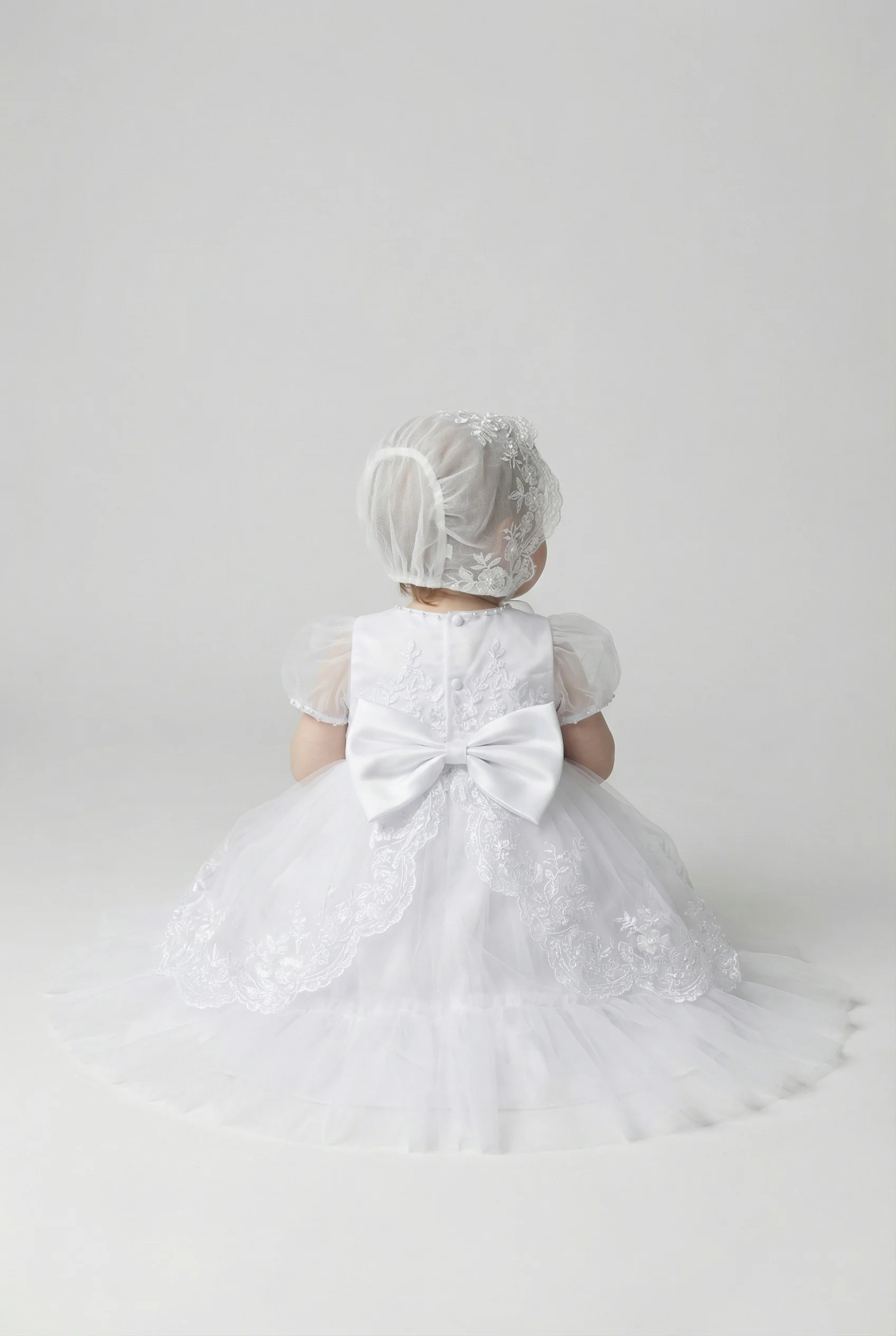 Baby Girls Embroidered Bodice Baptism Dress & Bonnet Set - White - Image 3