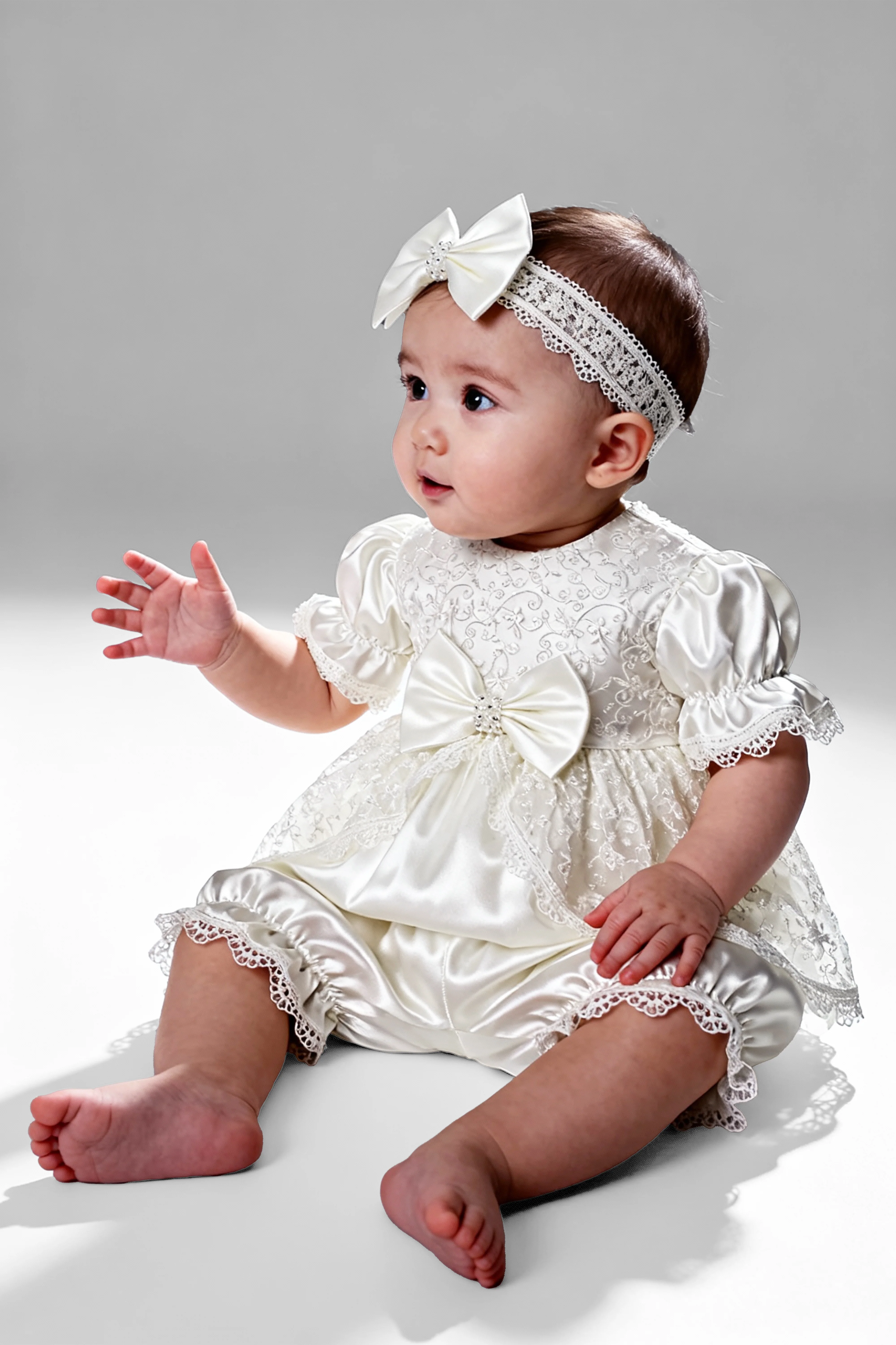 Baby Girls Floral Lace Tulle Dress Set – B1208 - Ivory