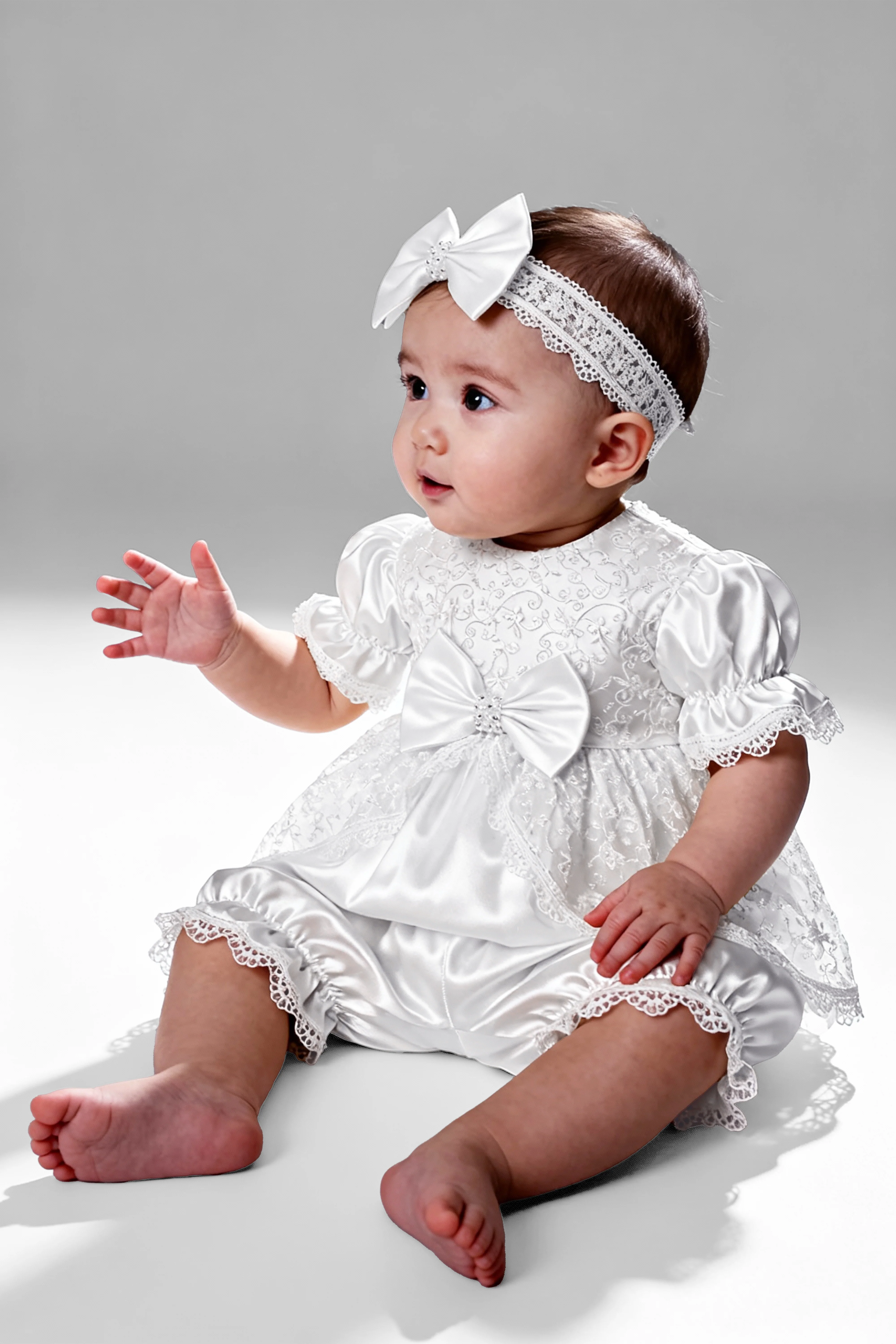 Baby Girls Floral Lace Tulle Dress Set – B1208 - White