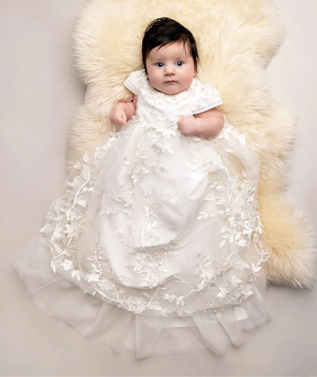 Baby Girls Floral Lace Off White Christening Gown - KRYSTAL - Off white - Image 6