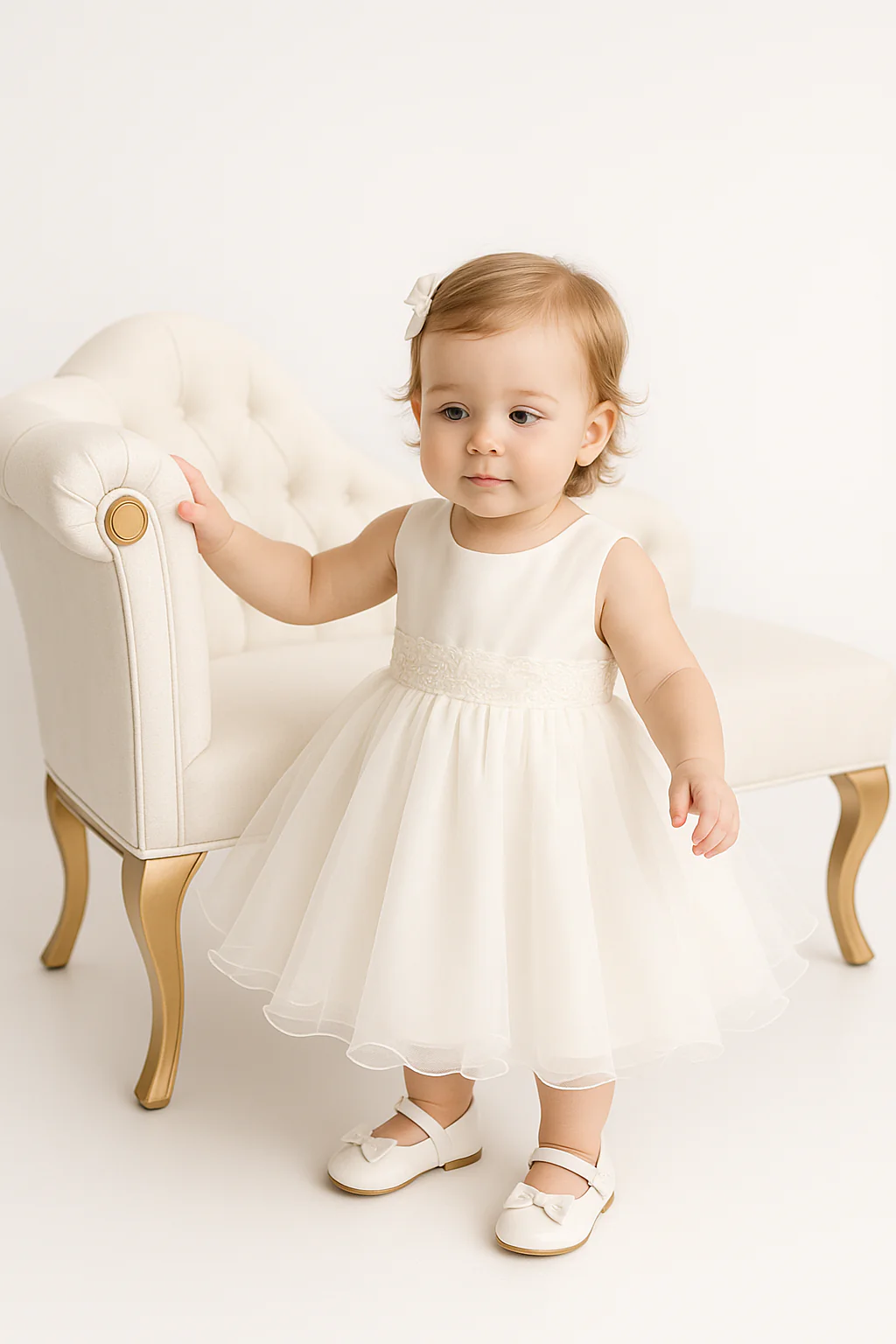 Baby Girls Flower Sleeveless Christening Dress - Ivory